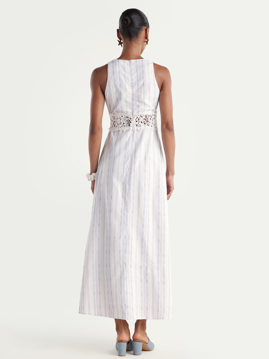 Rareism Women's Kavi Light Blue Cotton Crew Neck Fit And Flare Striped Dress
