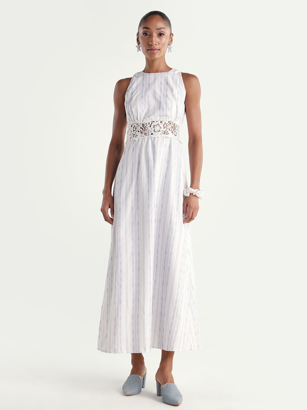 Rareism Women's Kavi Light Blue Cotton Crew Neck Fit And Flare Striped Dress