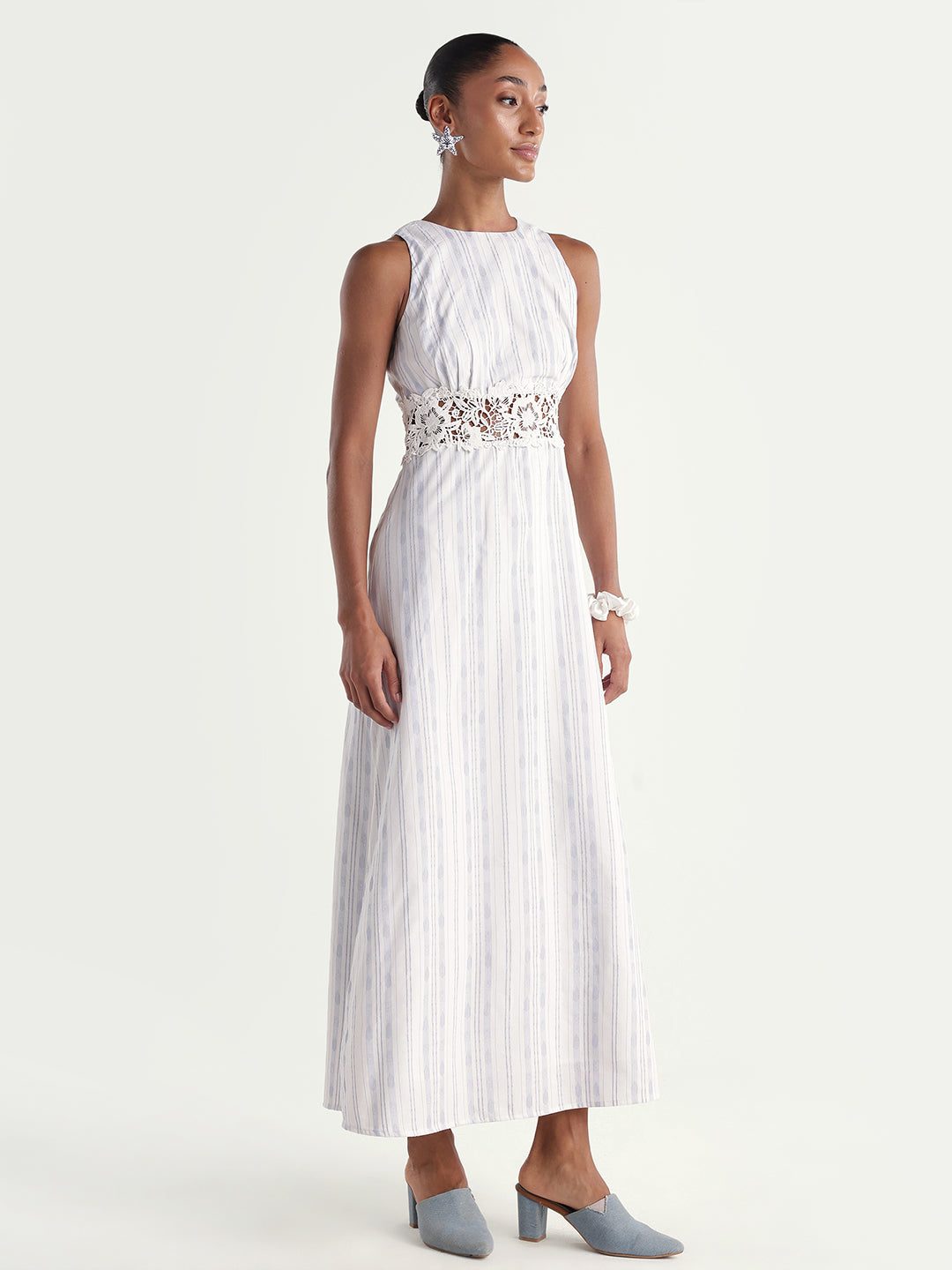 Rareism Women's Kavi Light Blue Cotton Crew Neck Fit And Flare Striped Dress