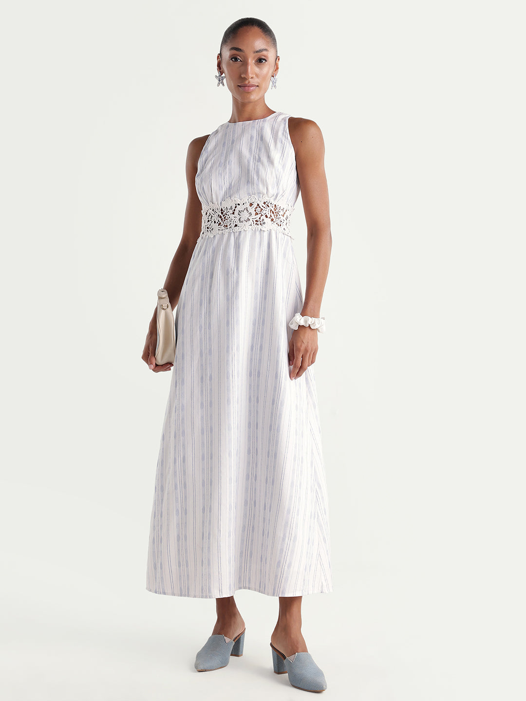 Rareism Women's Kavi Light Blue Cotton Crew Neck Fit And Flare Striped Dress