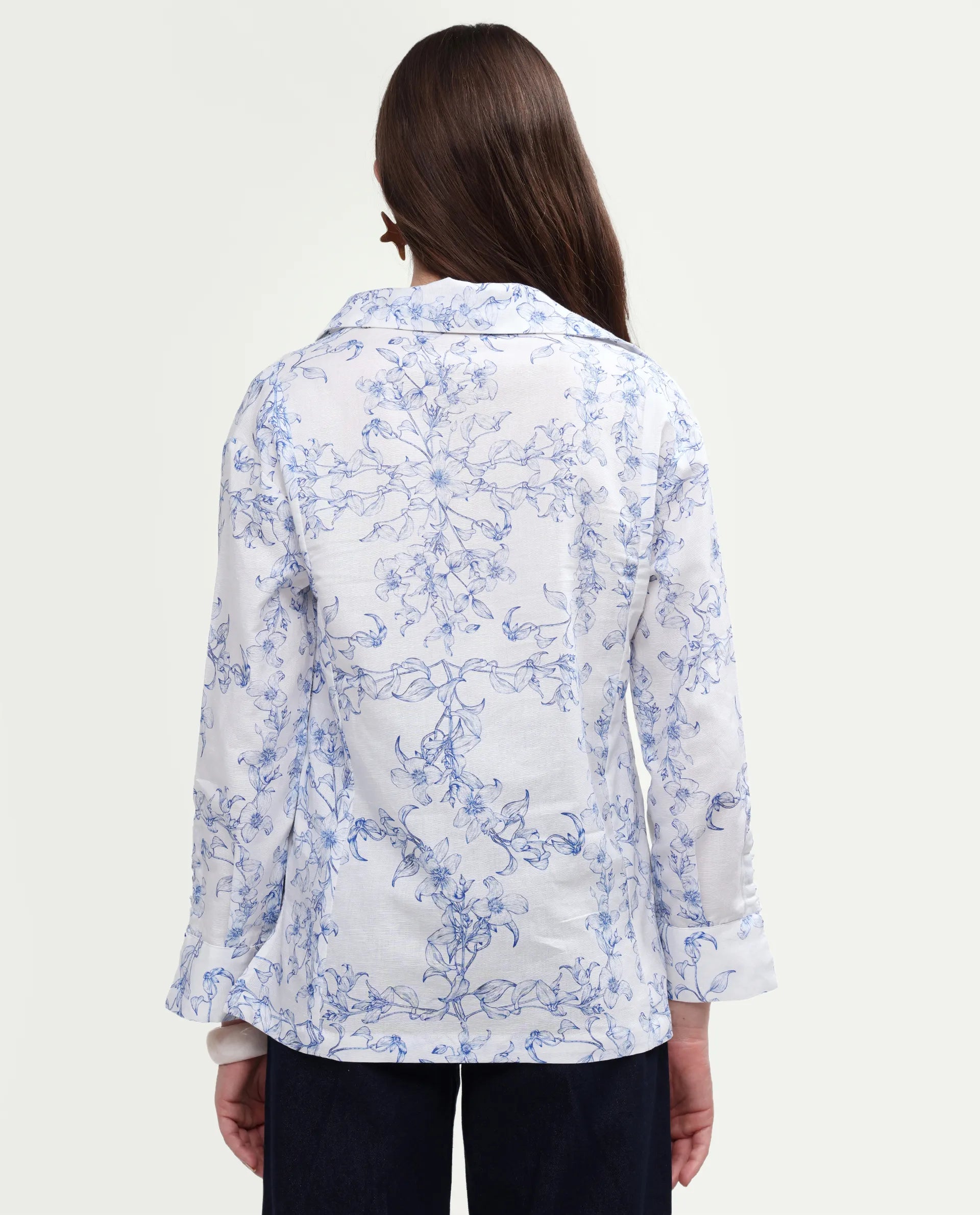 Rareism Women's Kazz Off White Linen Spread Collar Regular Fit Floral Print Top