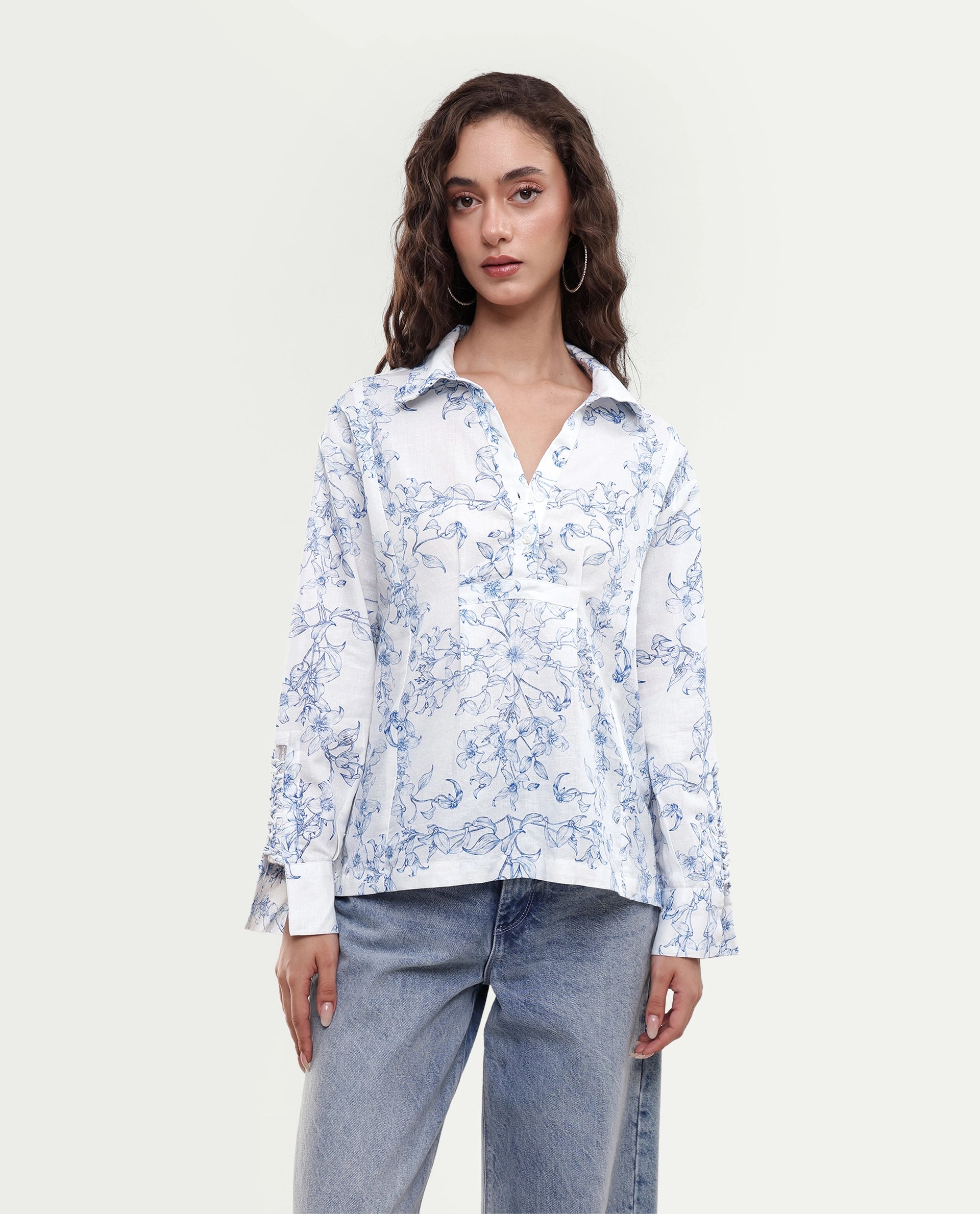 Rareism Women's Kazz Off White Linen Spread Collar Regular Fit Floral Print Top