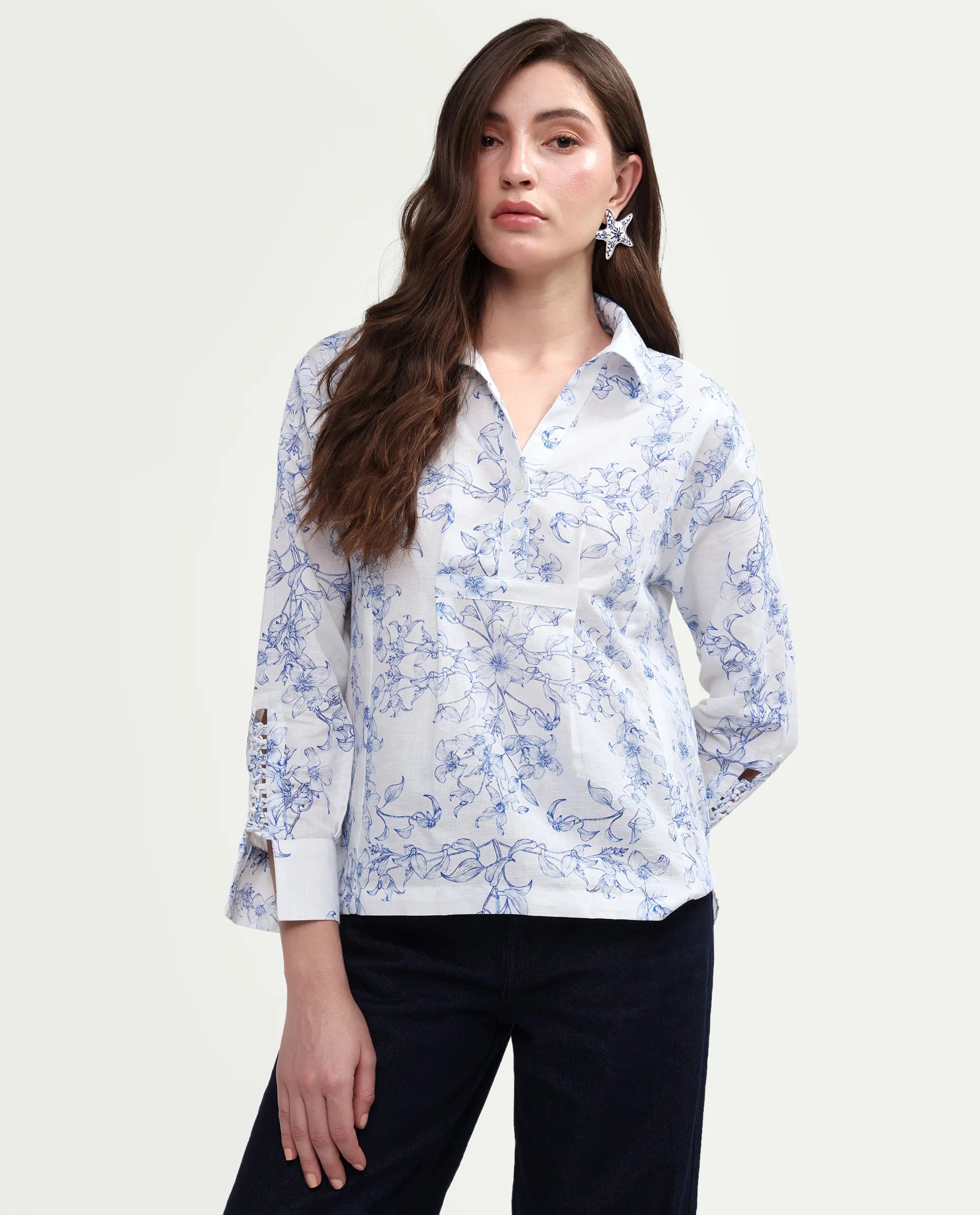 Rareism Women's Kazz Off White Linen Spread Collar Regular Fit Floral Print Top