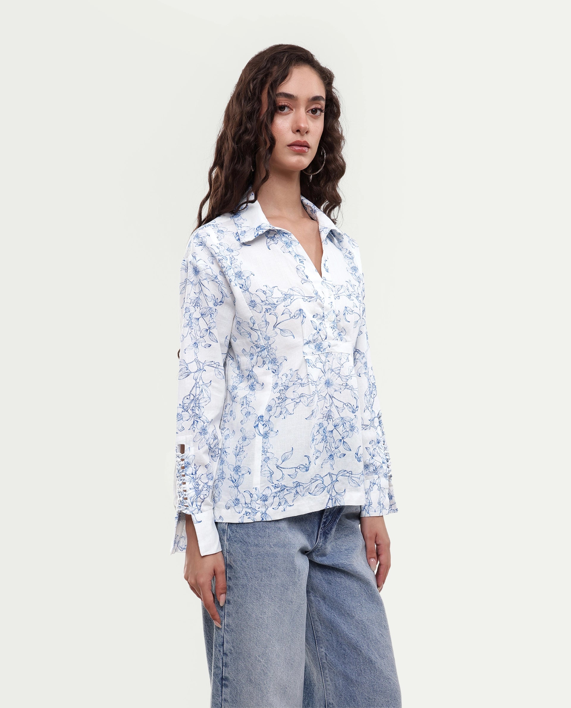 Rareism Women's Kazz Off White Linen Spread Collar Regular Fit Floral Print Top