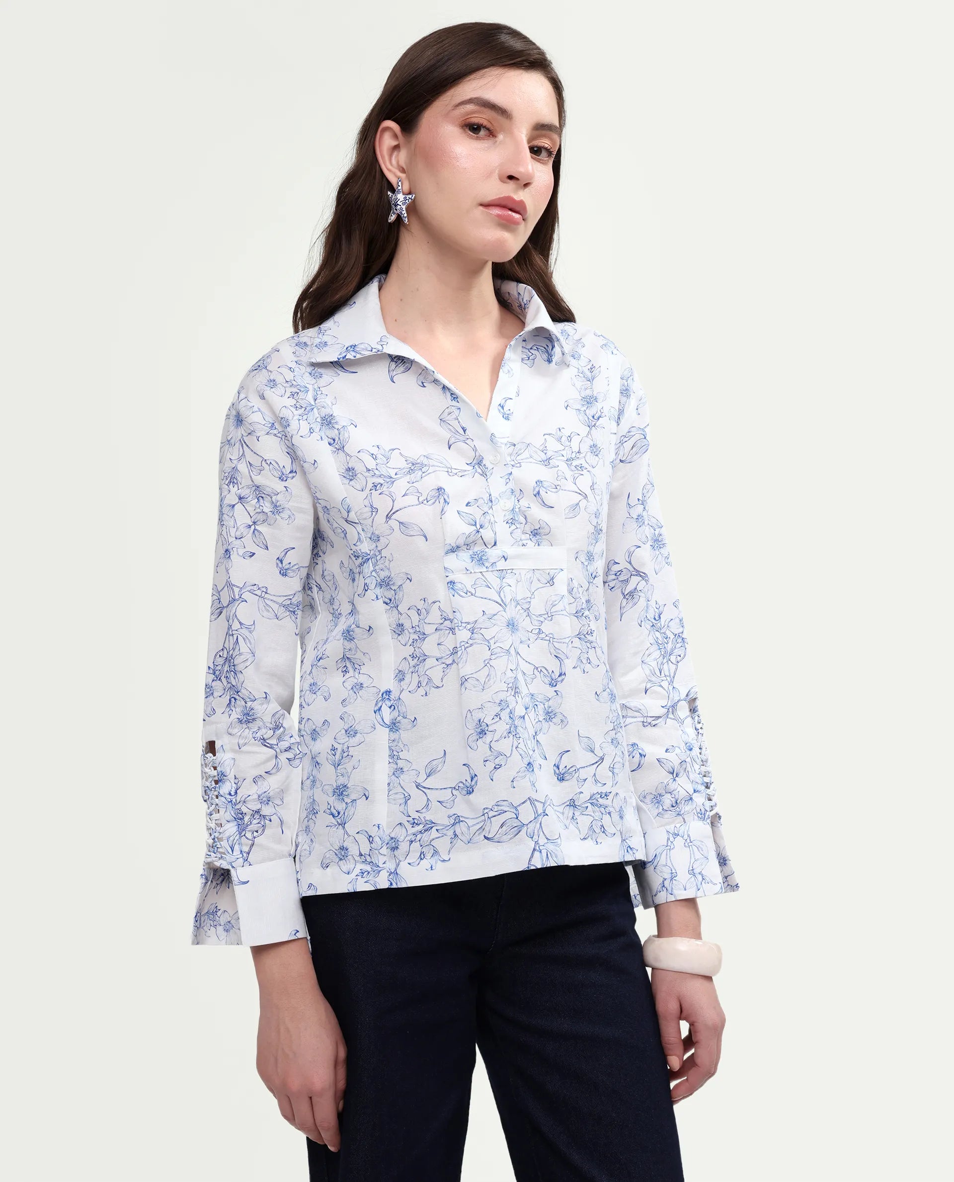 Rareism Women's Kazz Off White Linen Spread Collar Regular Fit Floral Print Top
