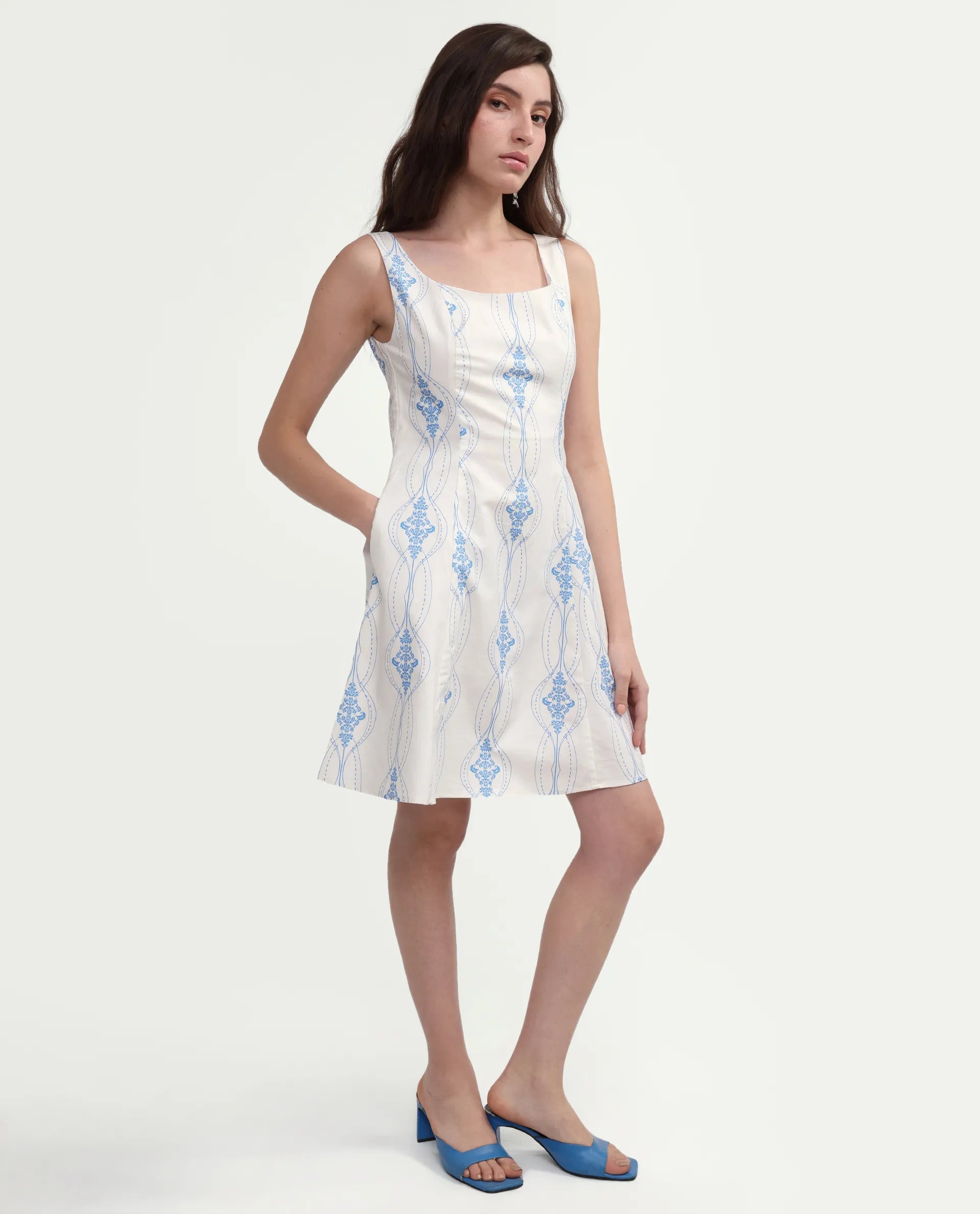 Rareism Women's Kenro Off White Cotton Square Neck Fit And Flare Printed Dress