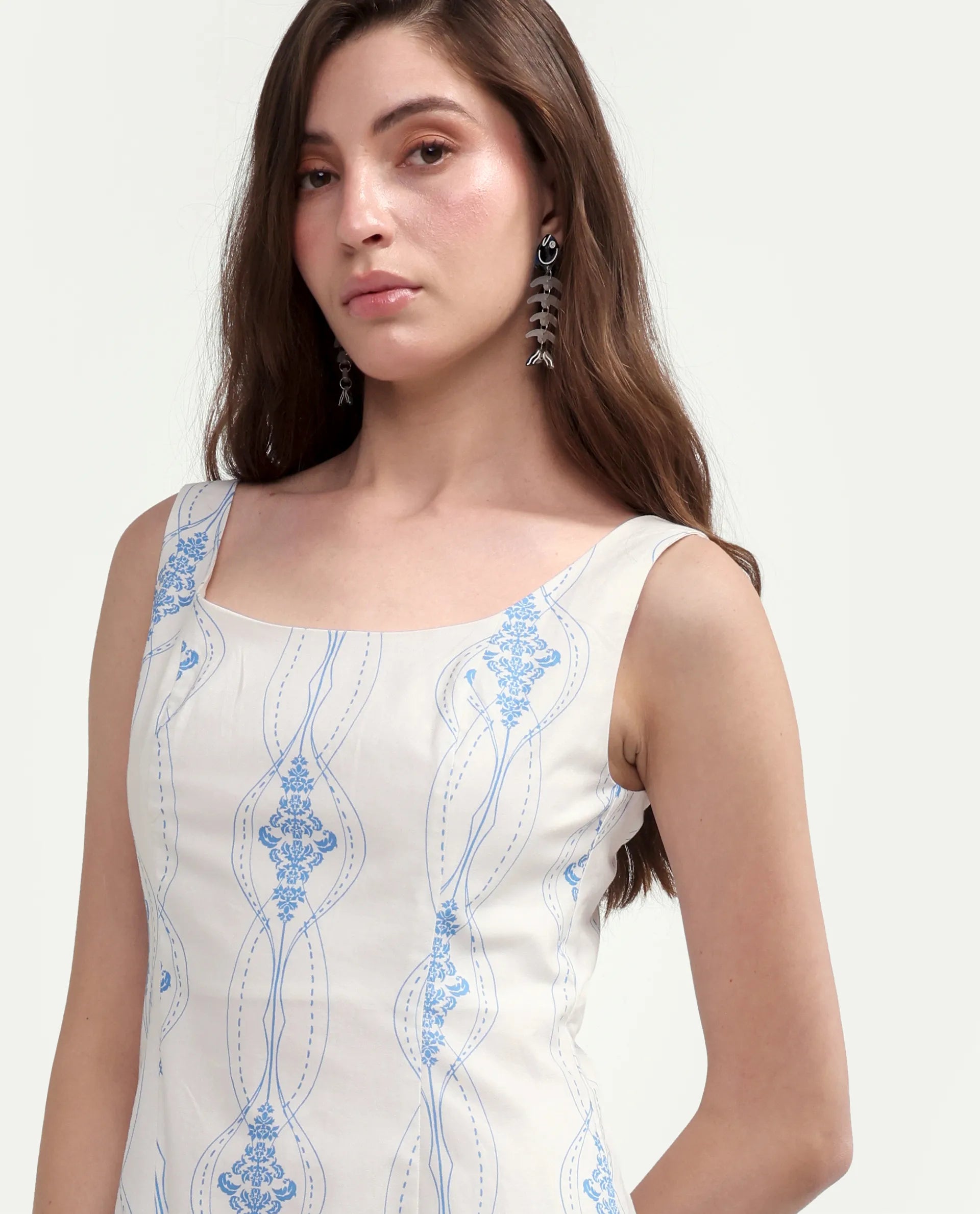 Rareism Women's Kenro Off White Cotton Square Neck Fit And Flare Printed Dress