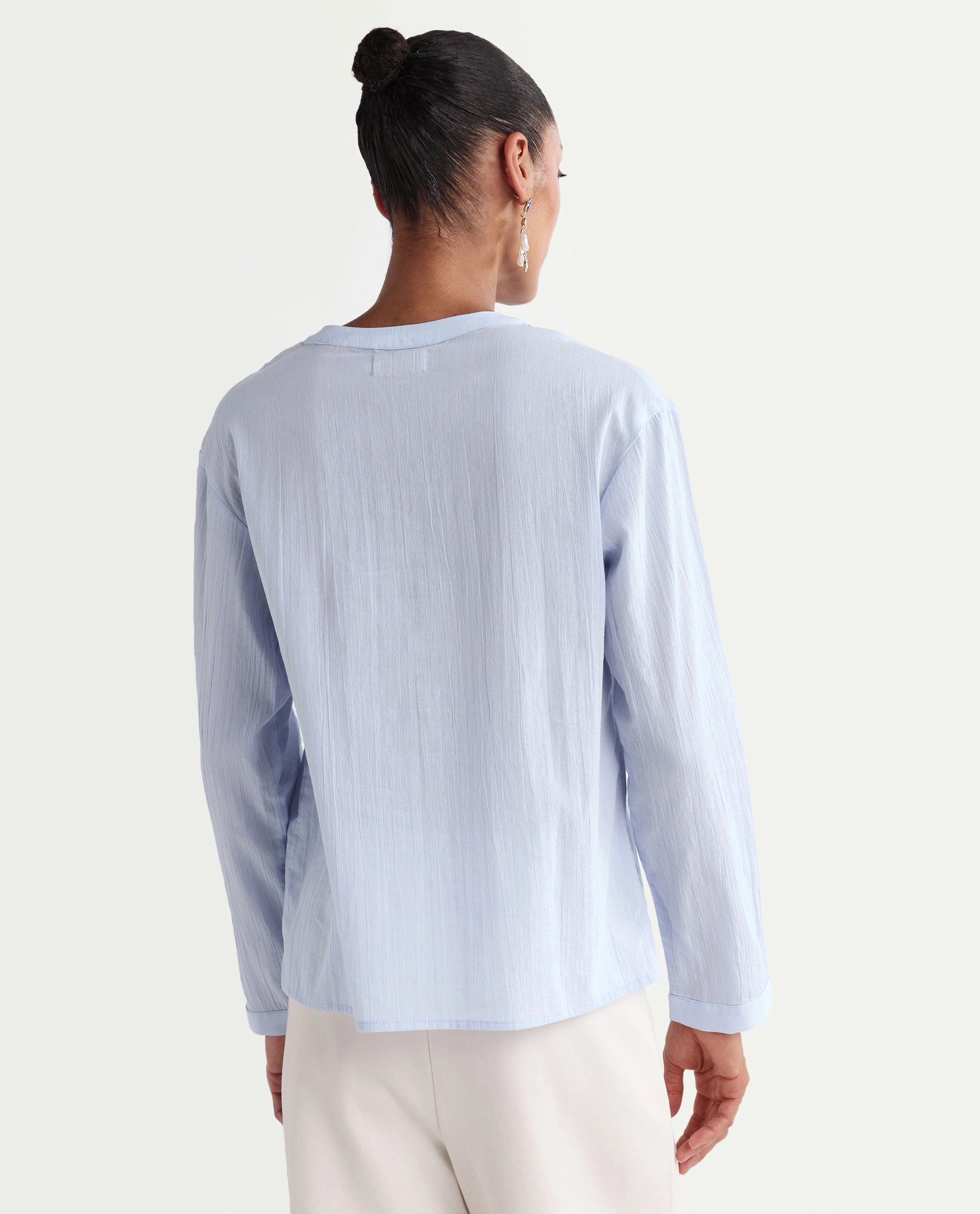 Rareism Women's Kenz Light Blue Cotton V-Neck Regular Abstract Print Top