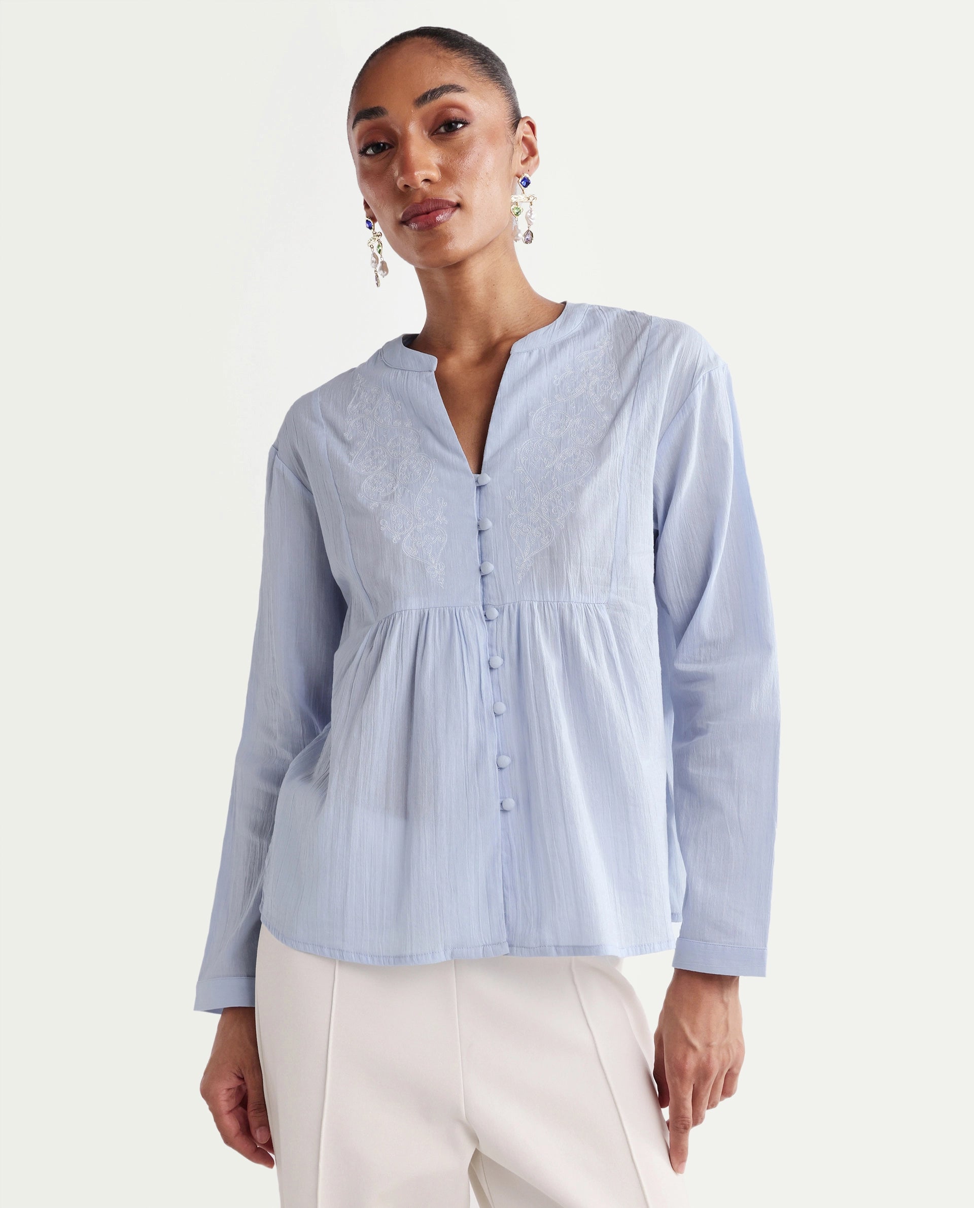 Rareism Women's Kenz Light Blue Cotton V-Neck Regular Abstract Print Top