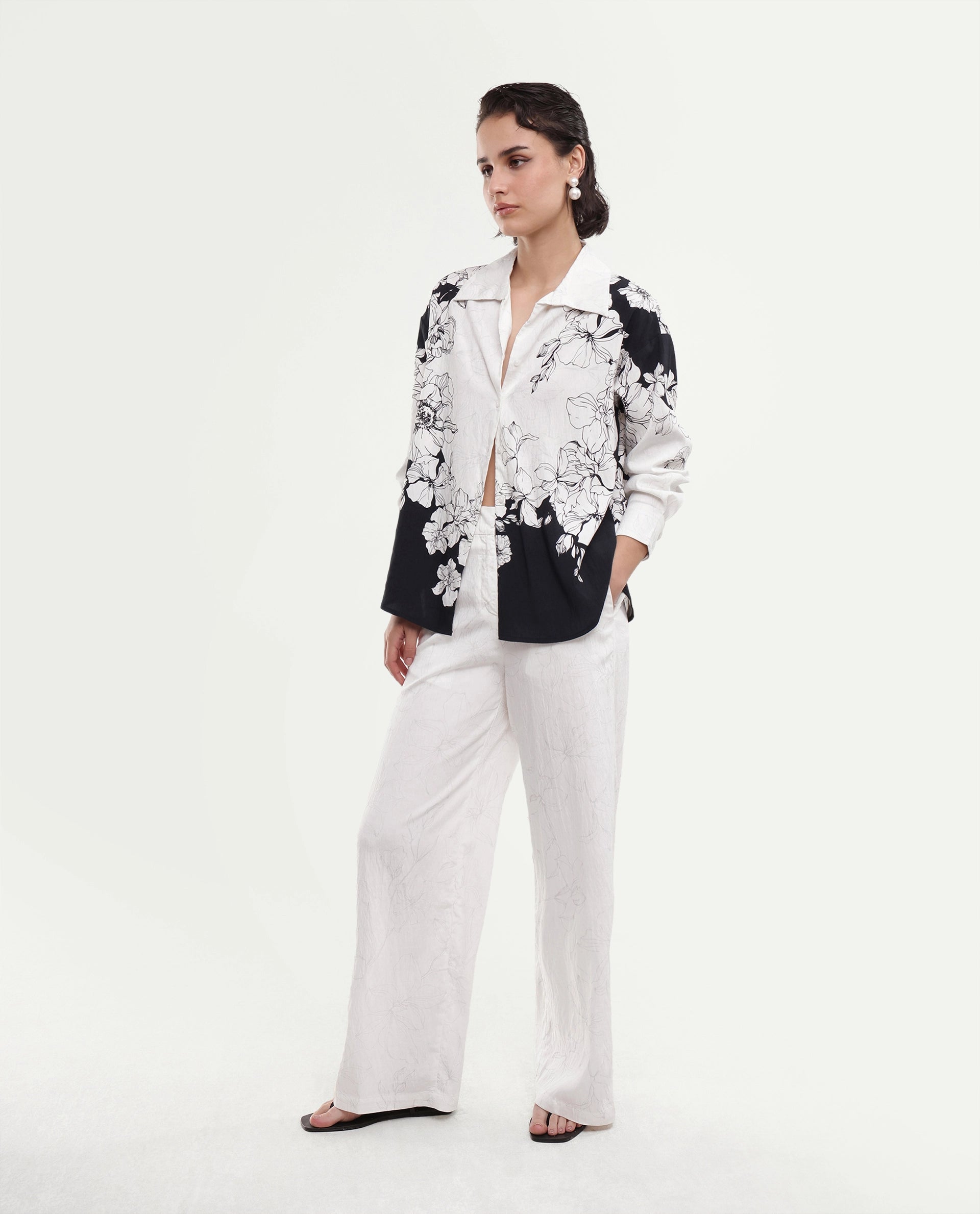 Rareism Women's Camiya-B White Viscose Blend Wide Printed Trouser