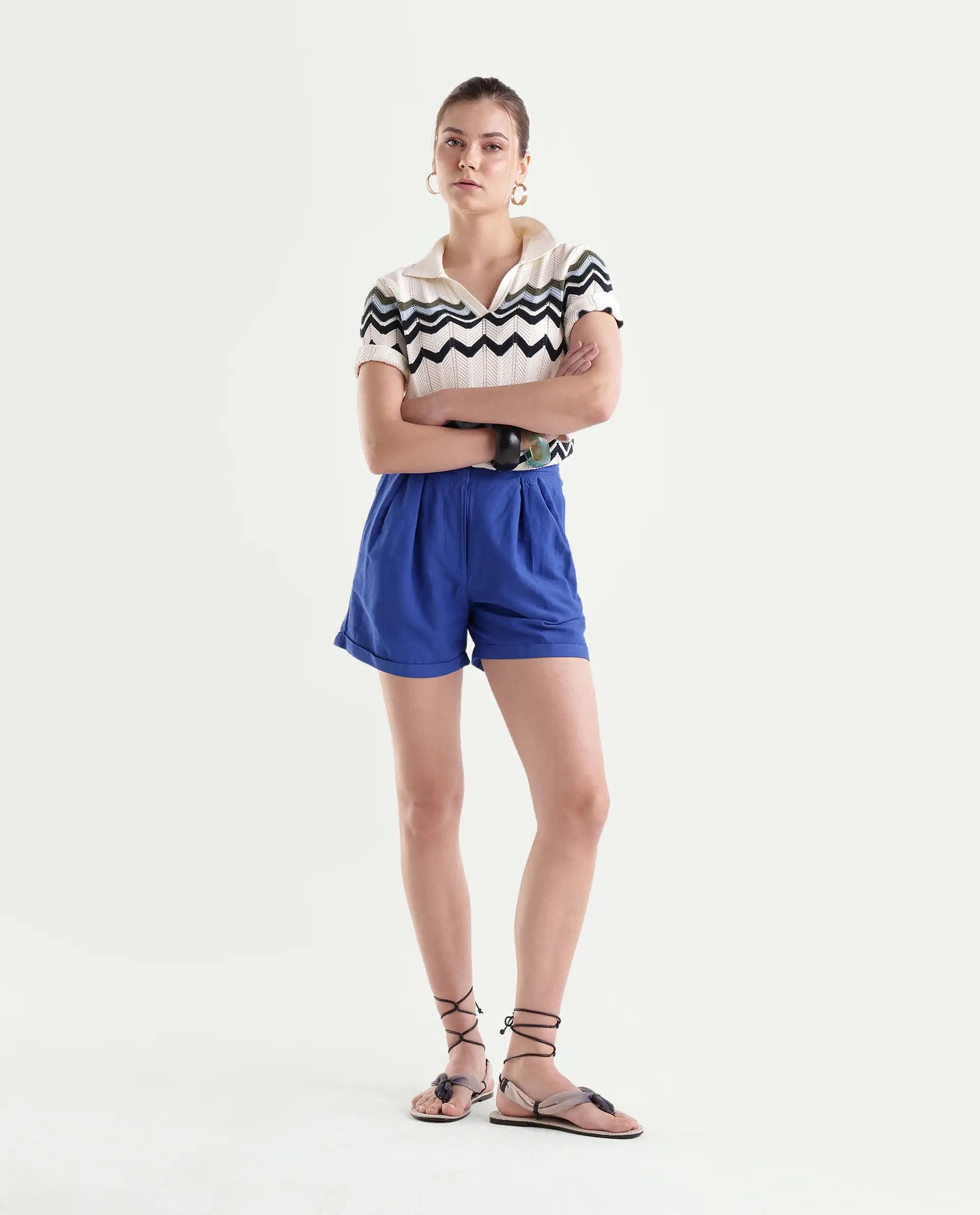 Rareism Women's Kiva Navy Linen Fabric Regular Plain Shorts