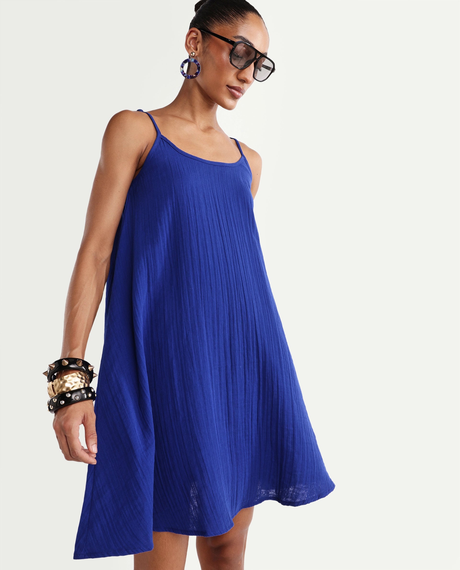 Rareism Women's Klare Navy Cotton U-Neck A-Line Plain Dress