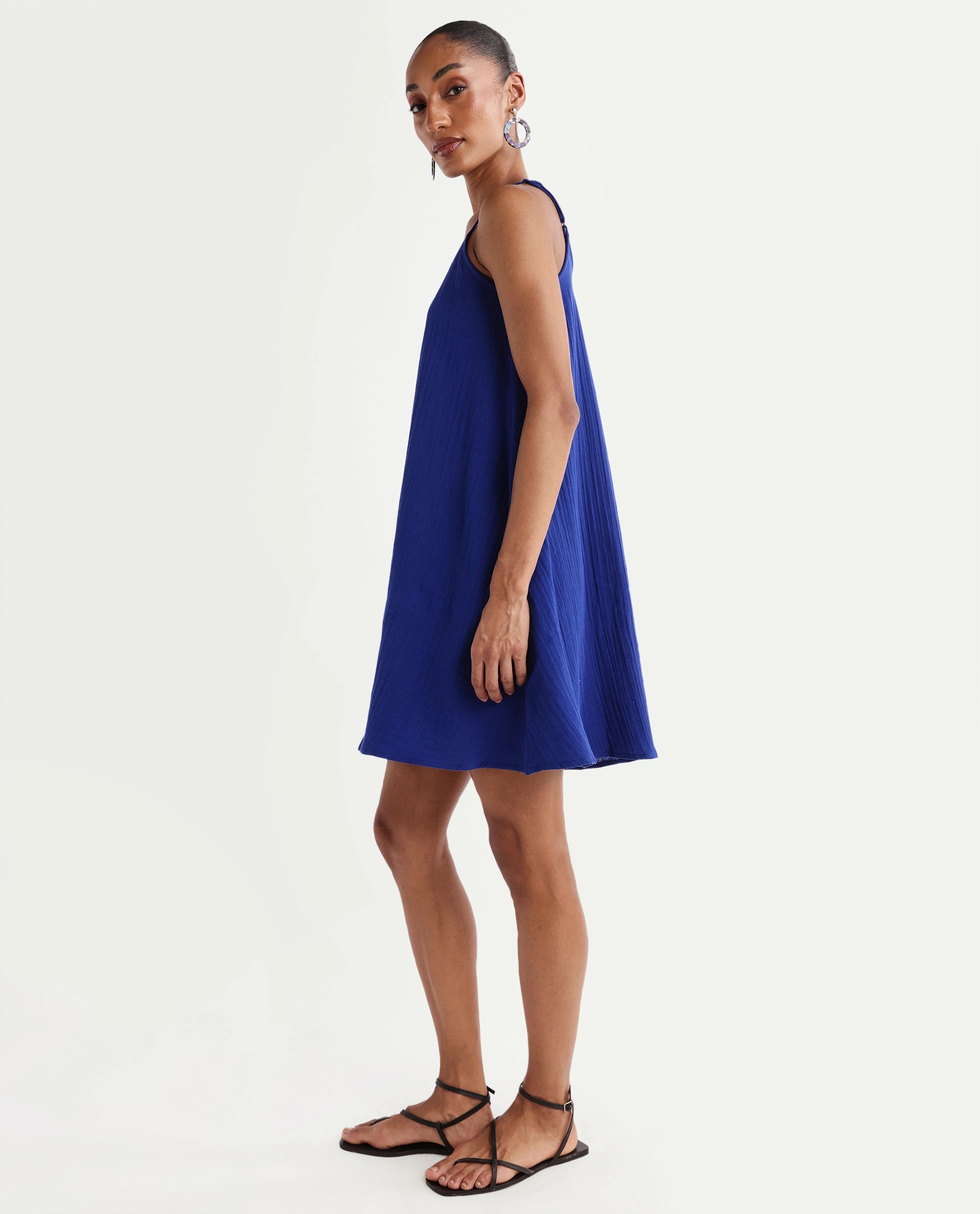 Rareism Women's Klare Navy Cotton U-Neck A-Line Plain Dress