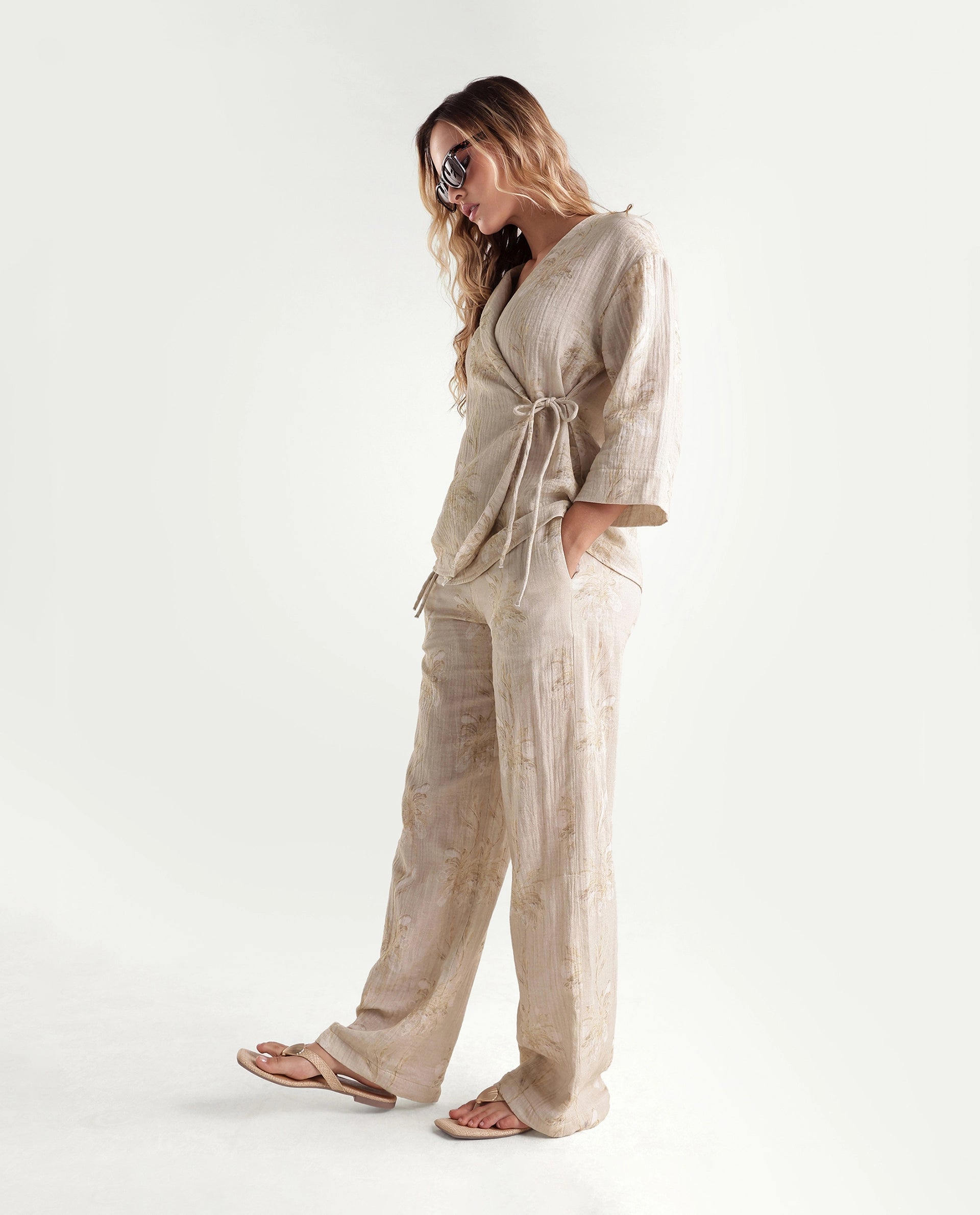 Rareism Women's Kloe-B Beige Floral Print Cotton Regular Regular Length Trouser