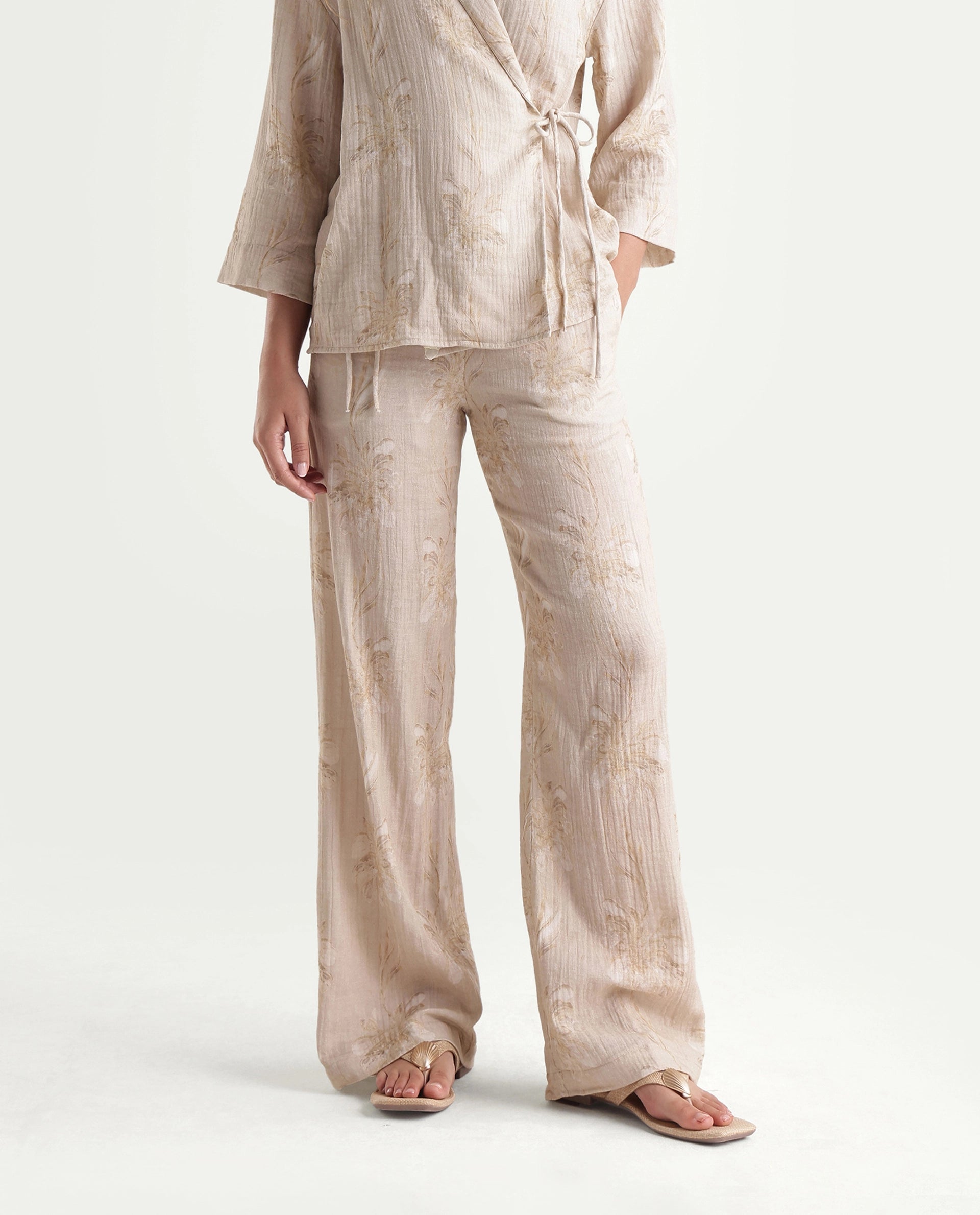 Rareism Women's Kloe-B Beige Floral Print Cotton Regular Regular Length Trouser