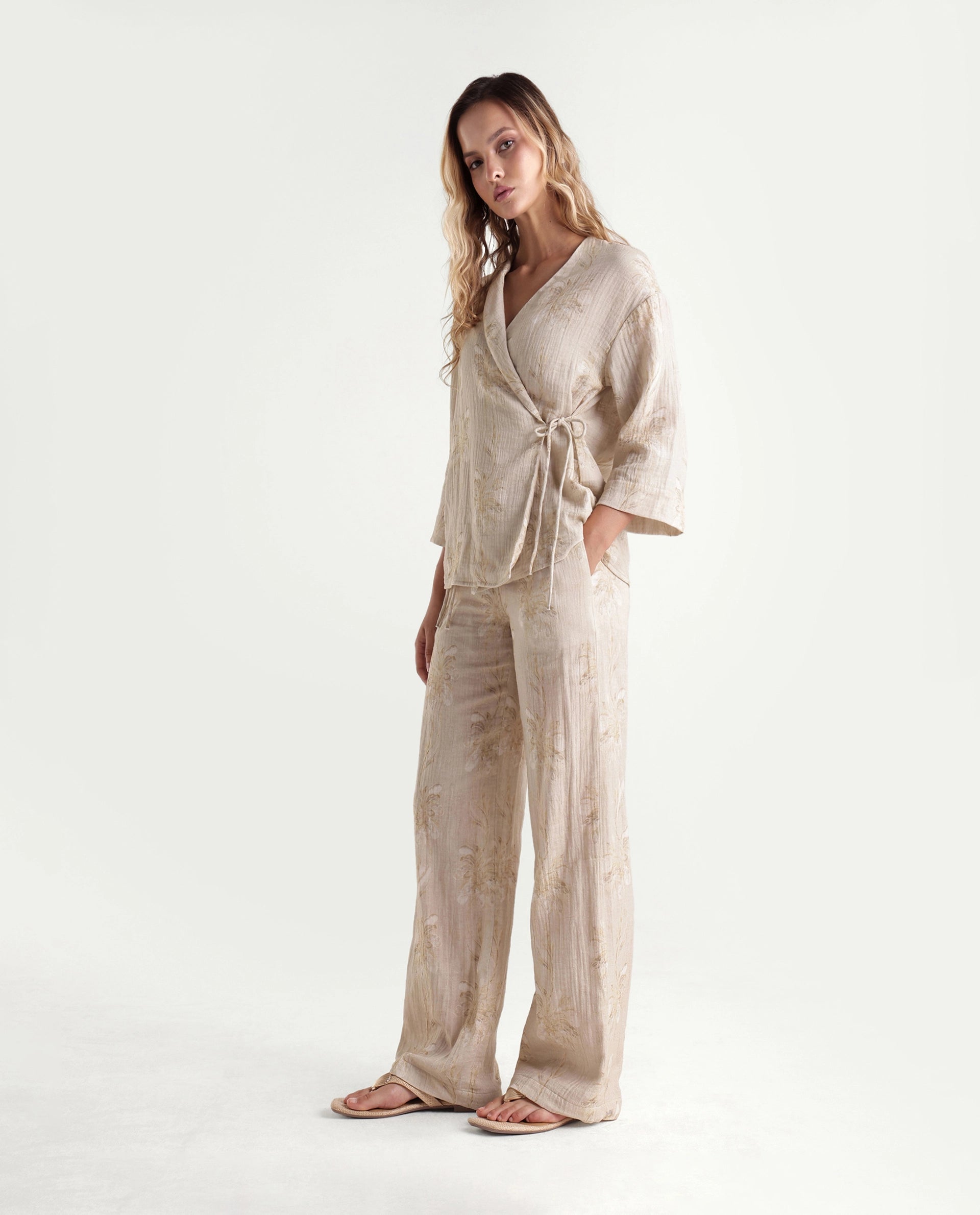 Rareism Women's Kloe-B Beige Floral Print Cotton Regular Regular Length Trouser