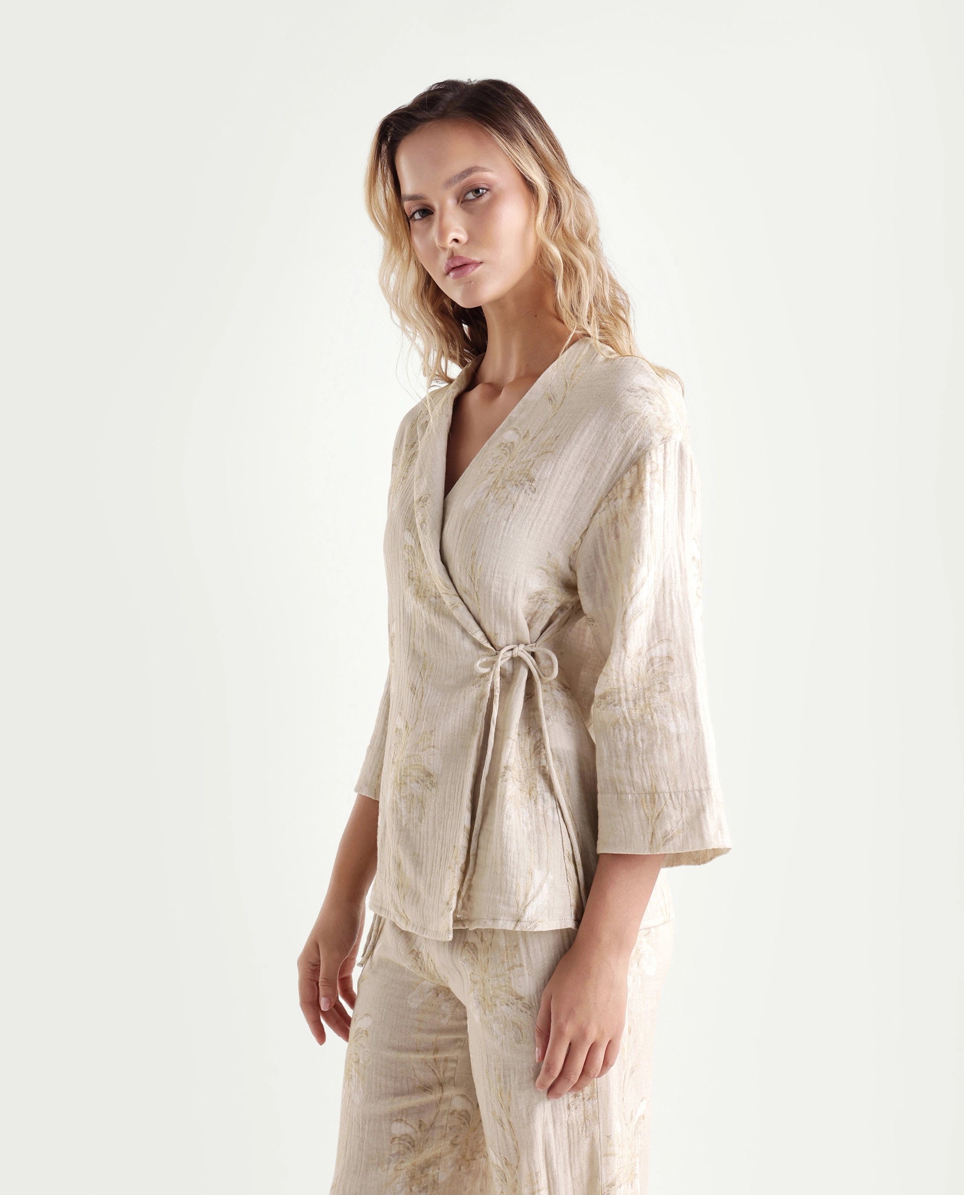 Rareism Women's Kloe-T Beige Cotton Over Lap Regular Floral Print Top