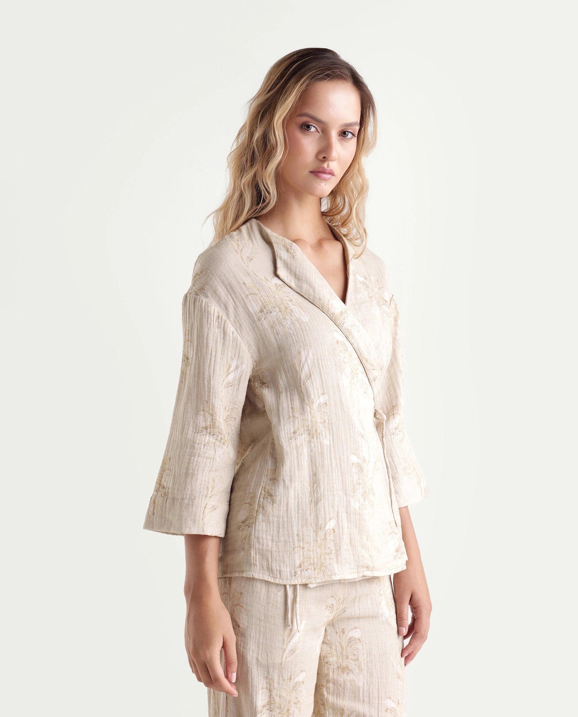 Rareism Women's Kloe-T Beige Cotton Over Lap Regular Floral Print Top