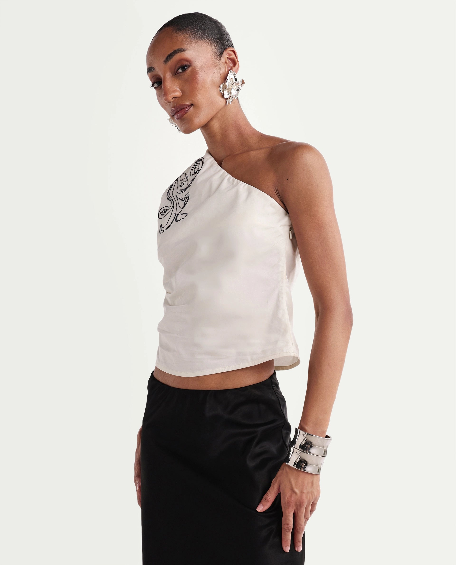 Rareism Women's Kora-T Light Beige Cotton One Shoulder Regular Embroidered Top