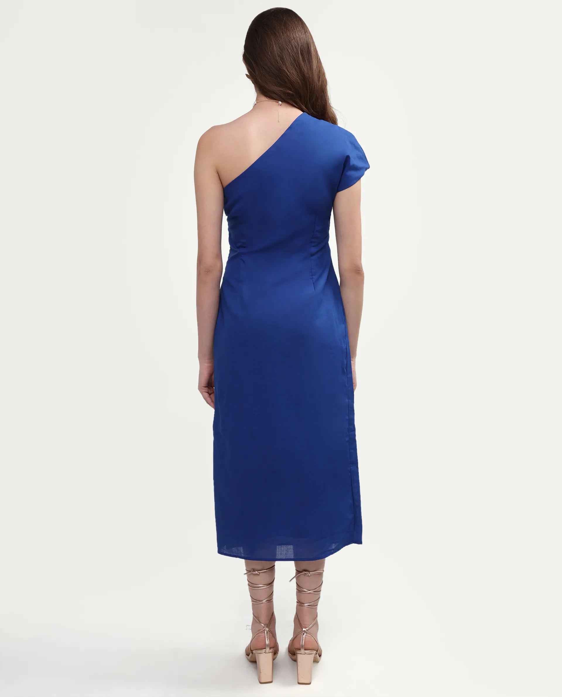 Rareism Women's Korea Dark Blue Linen One Shoulder Fitted Plain Dress