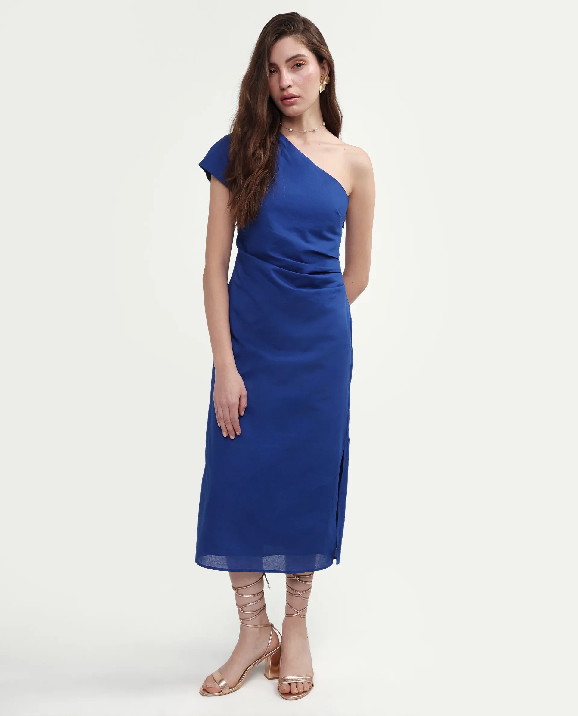 Rareism Women's Korea Dark Blue Linen One Shoulder Fitted Plain Dress