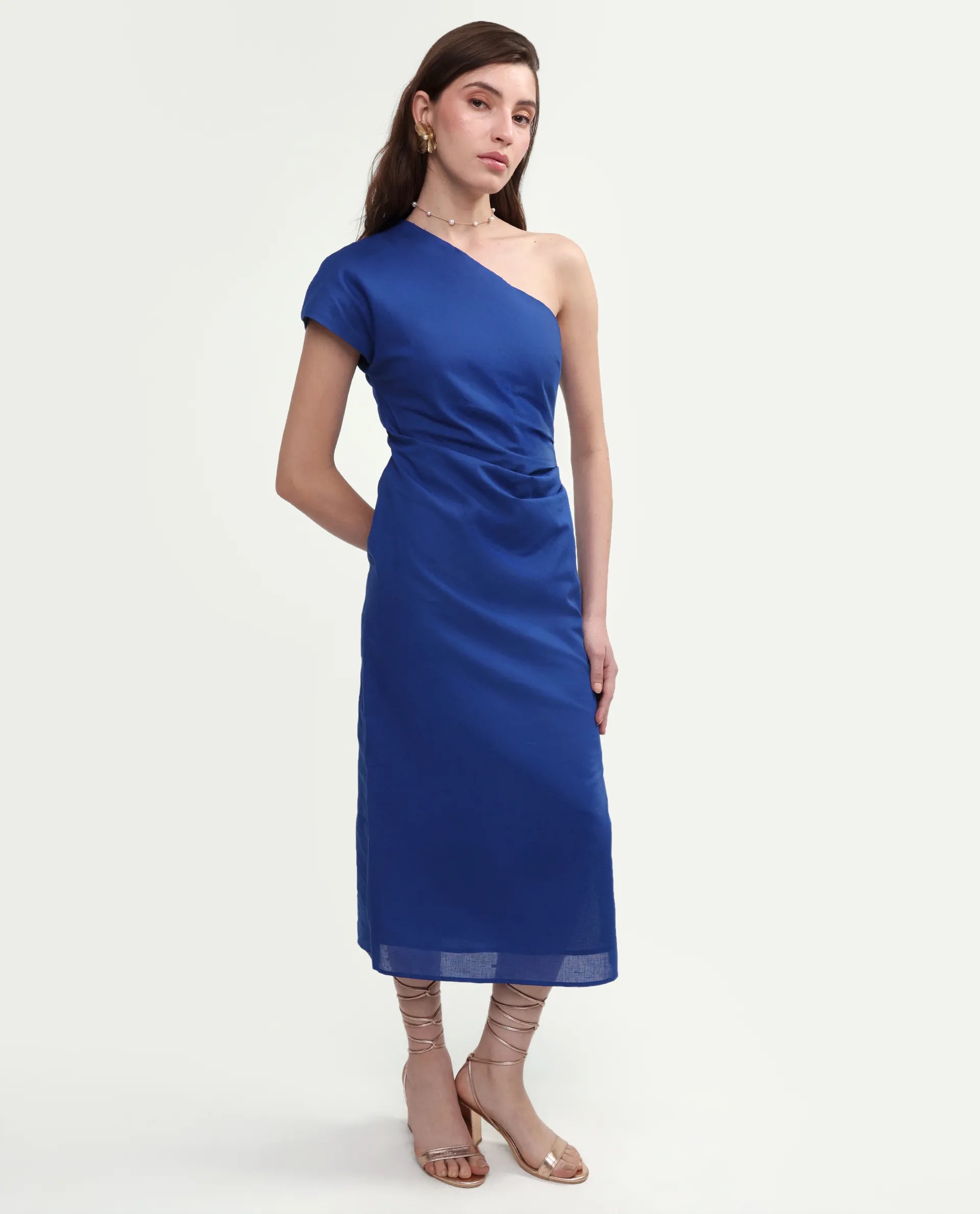 Rareism Women's Korea Dark Blue Linen One Shoulder Fitted Plain Dress