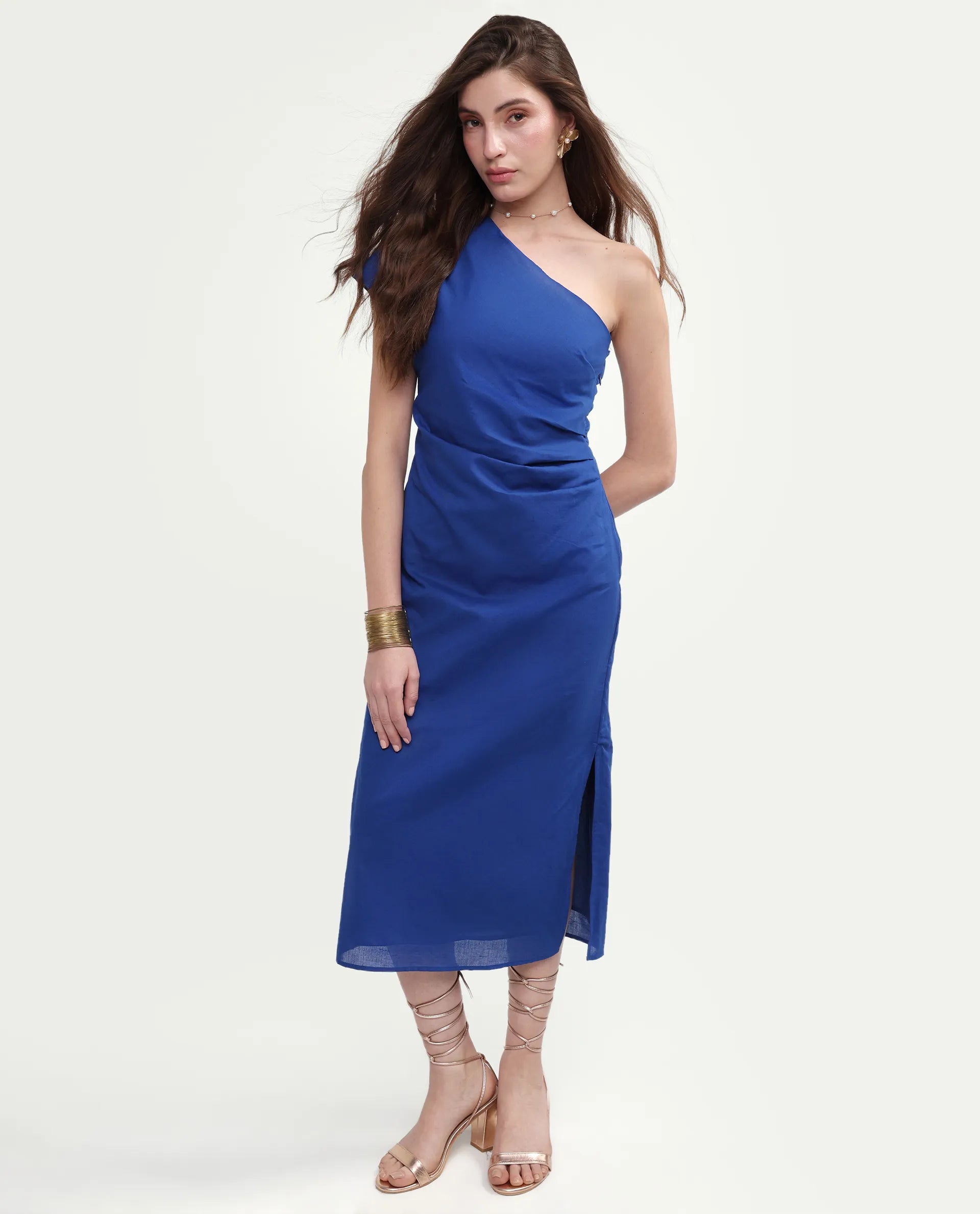 Rareism Women's Korea Dark Blue Linen One Shoulder Fitted Plain Dress
