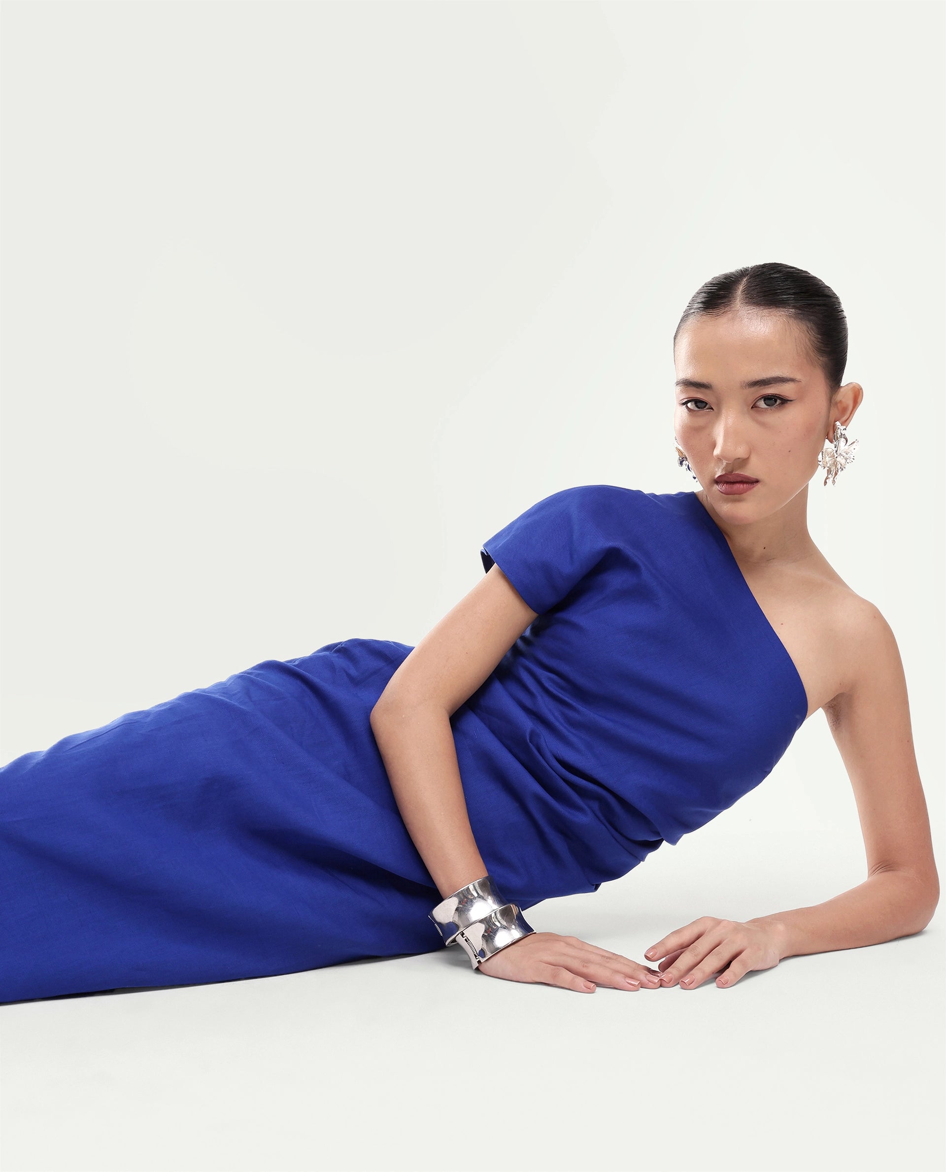 Rareism Women's Korea Dark Blue Linen One Shoulder Fitted Plain Dress