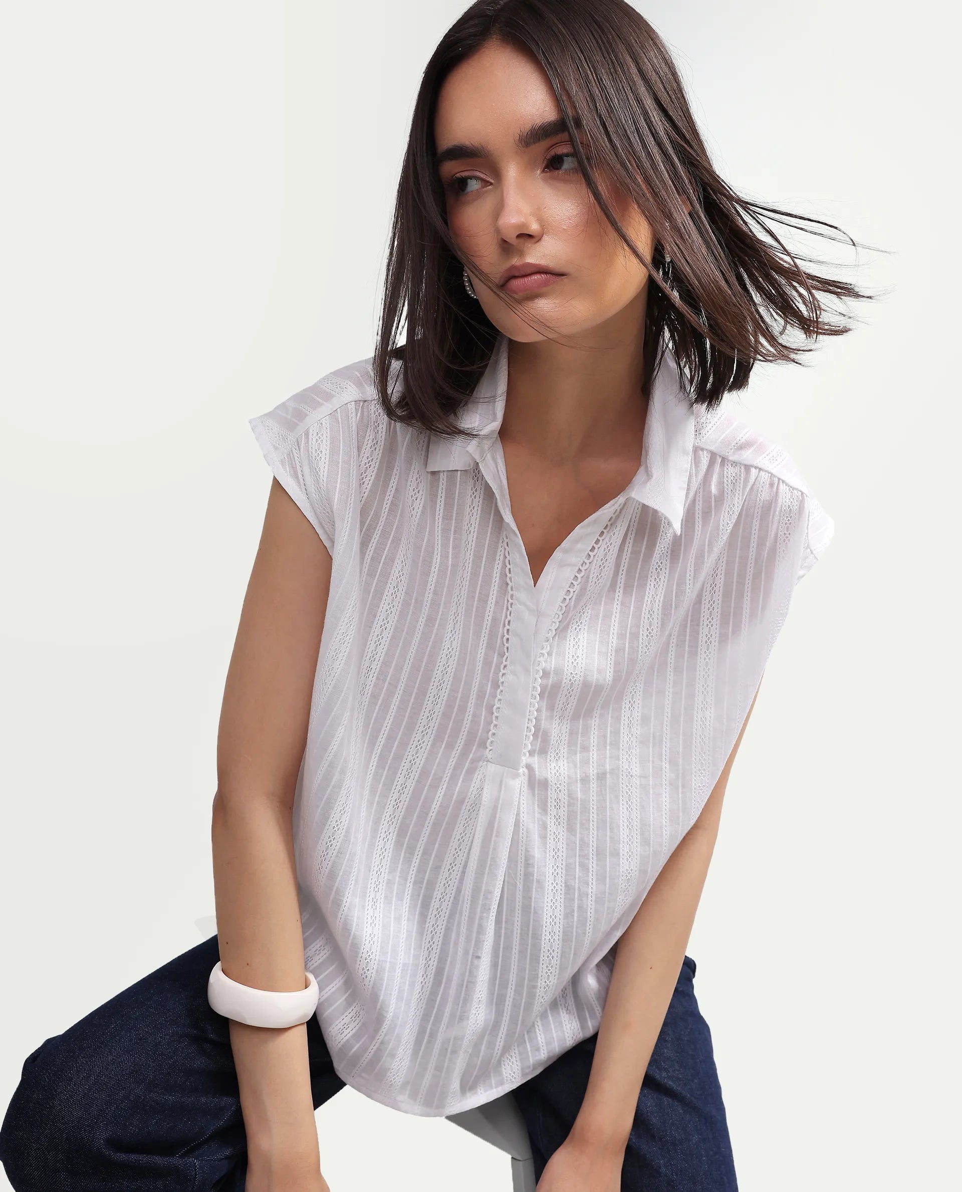 Rareism Women's Koya Off White Cotton Mandarin Collar Regular Plain Top