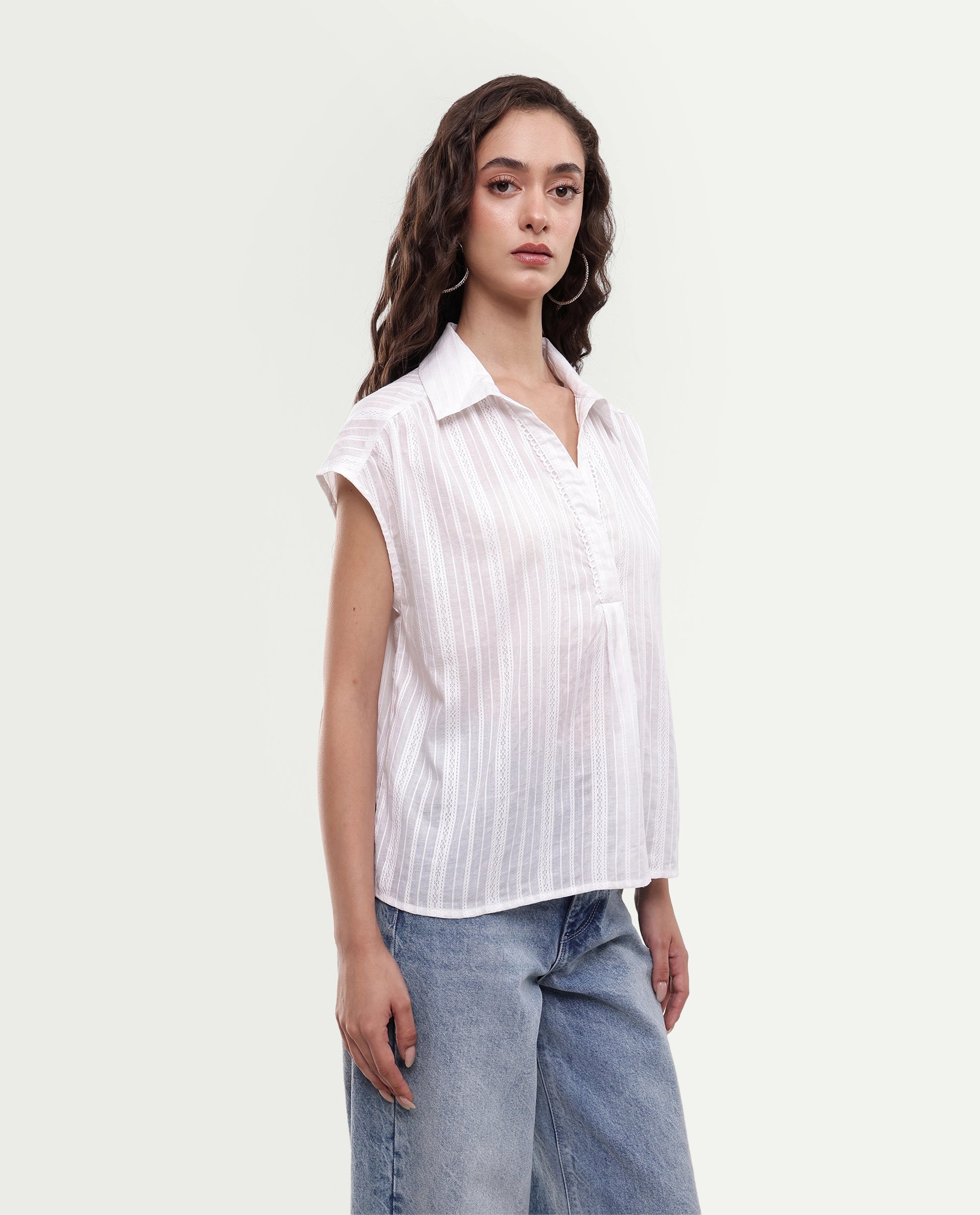 Rareism Women's Koya Off White Cotton Mandarin Collar Regular Plain Top