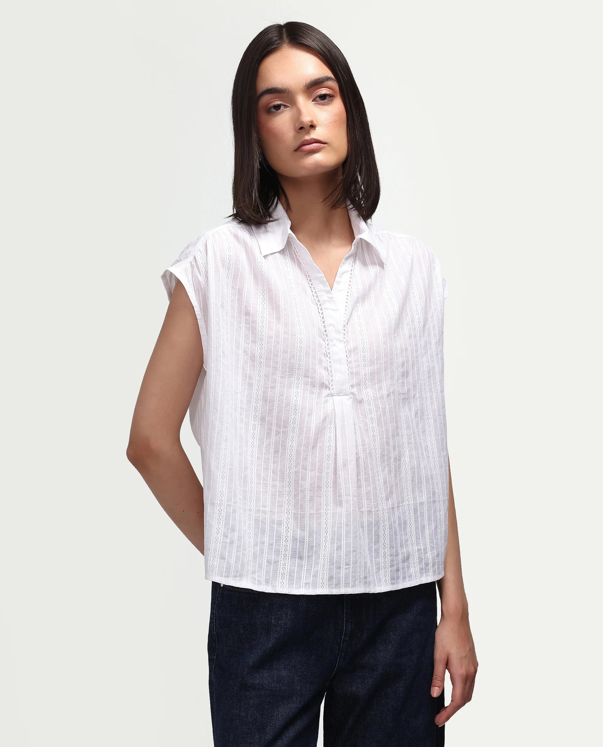 Rareism Women's Koya Off White Cotton Mandarin Collar Regular Plain Top