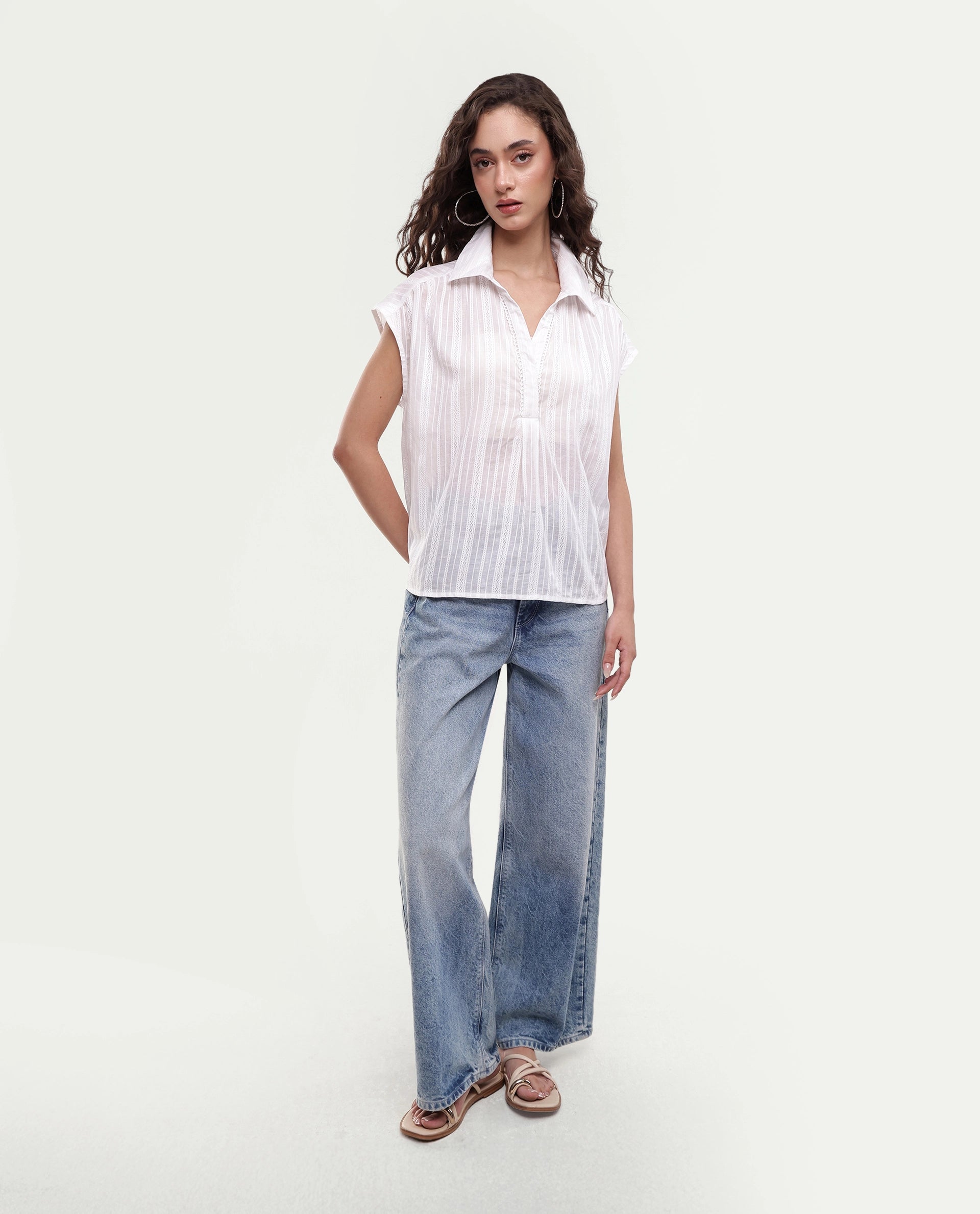 Rareism Women's Koya Off White Cotton Mandarin Collar Regular Plain Top