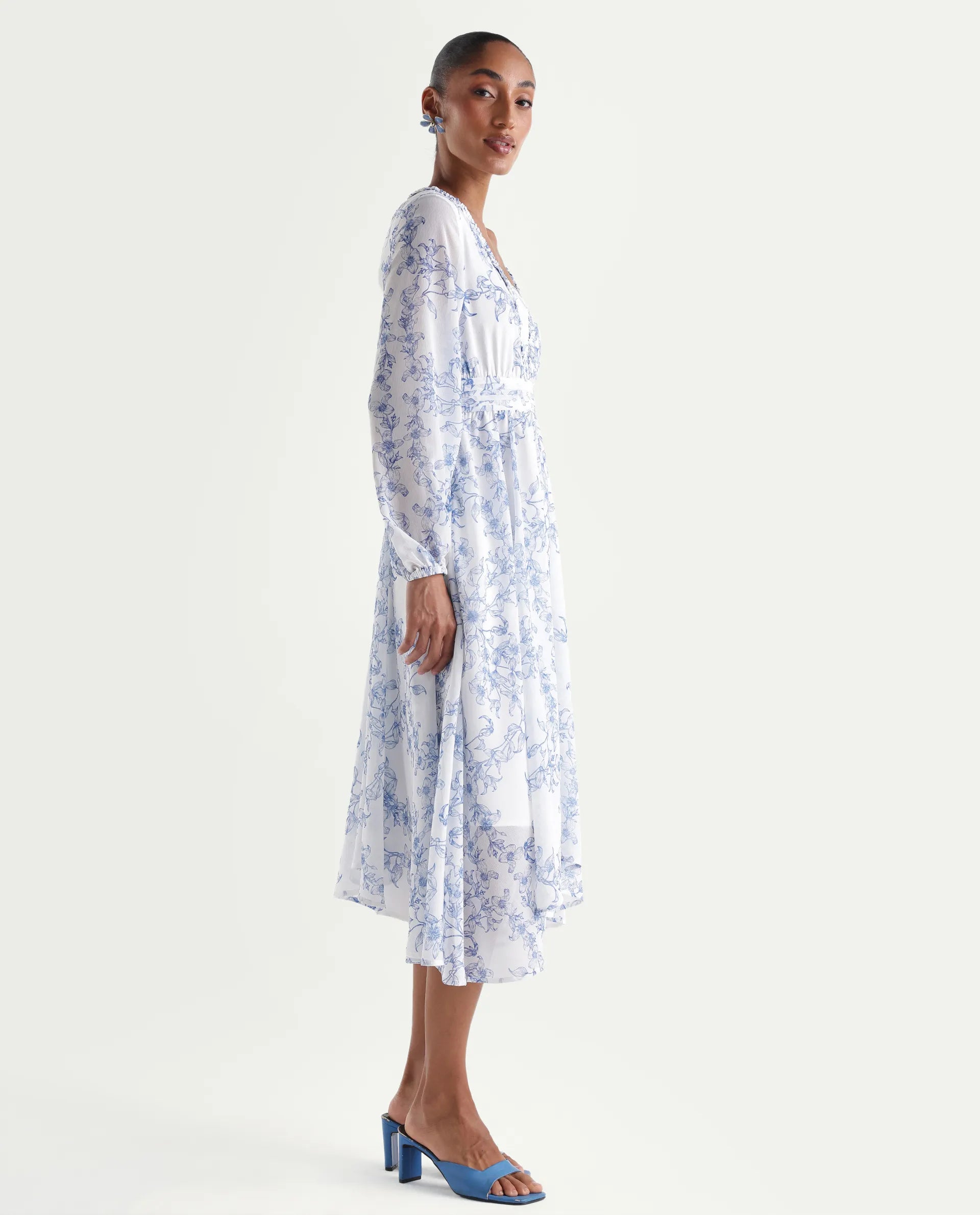 Rareism Women's Kriko Off White Polyester Ruffled Neck Asymmetric Ornamental Print Dress