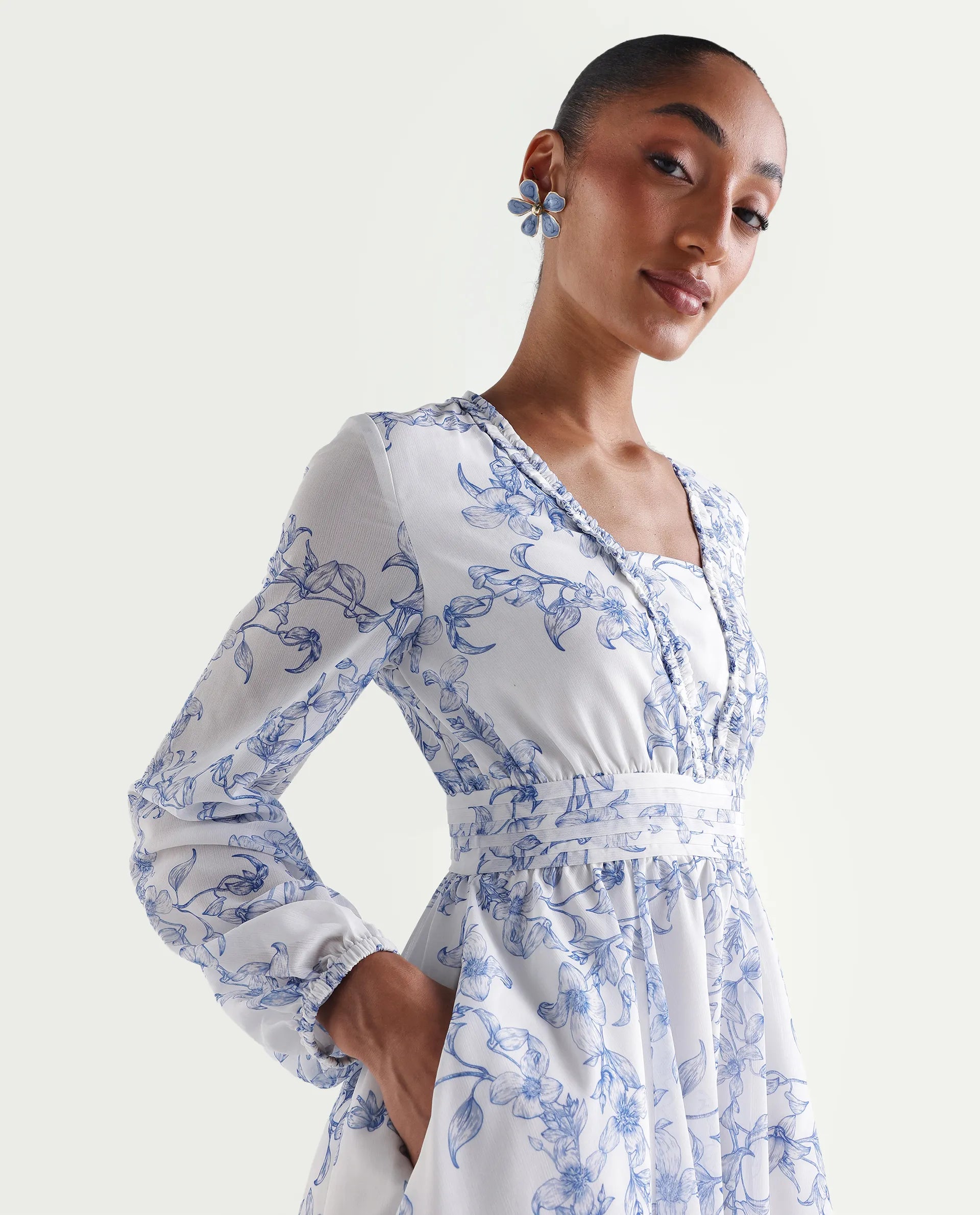 Rareism Women's Kriko Off White Polyester Ruffled Neck Asymmetric Ornamental Print Dress