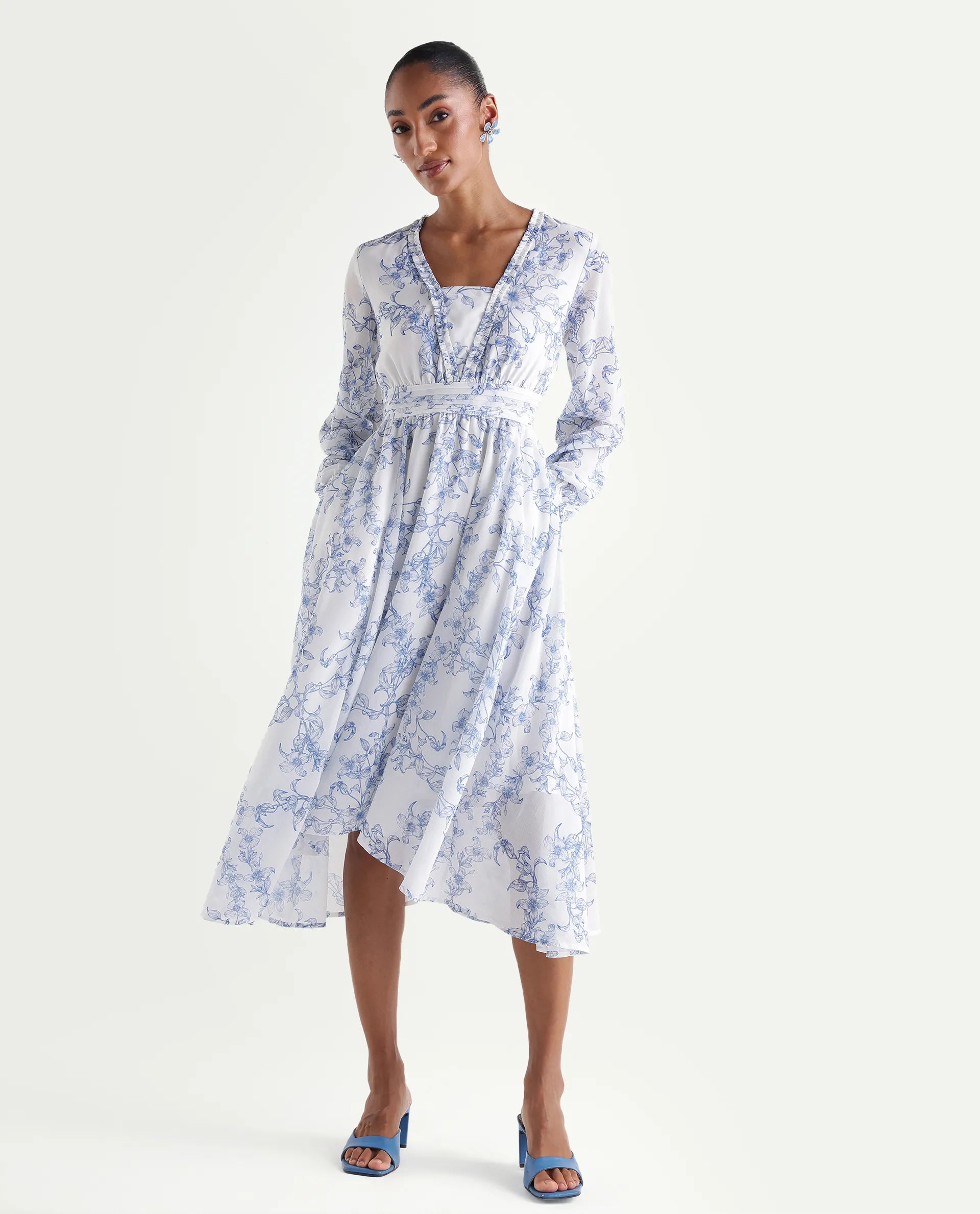 Rareism Women's Kriko Off White Polyester Ruffled Neck Asymmetric Ornamental Print Dress