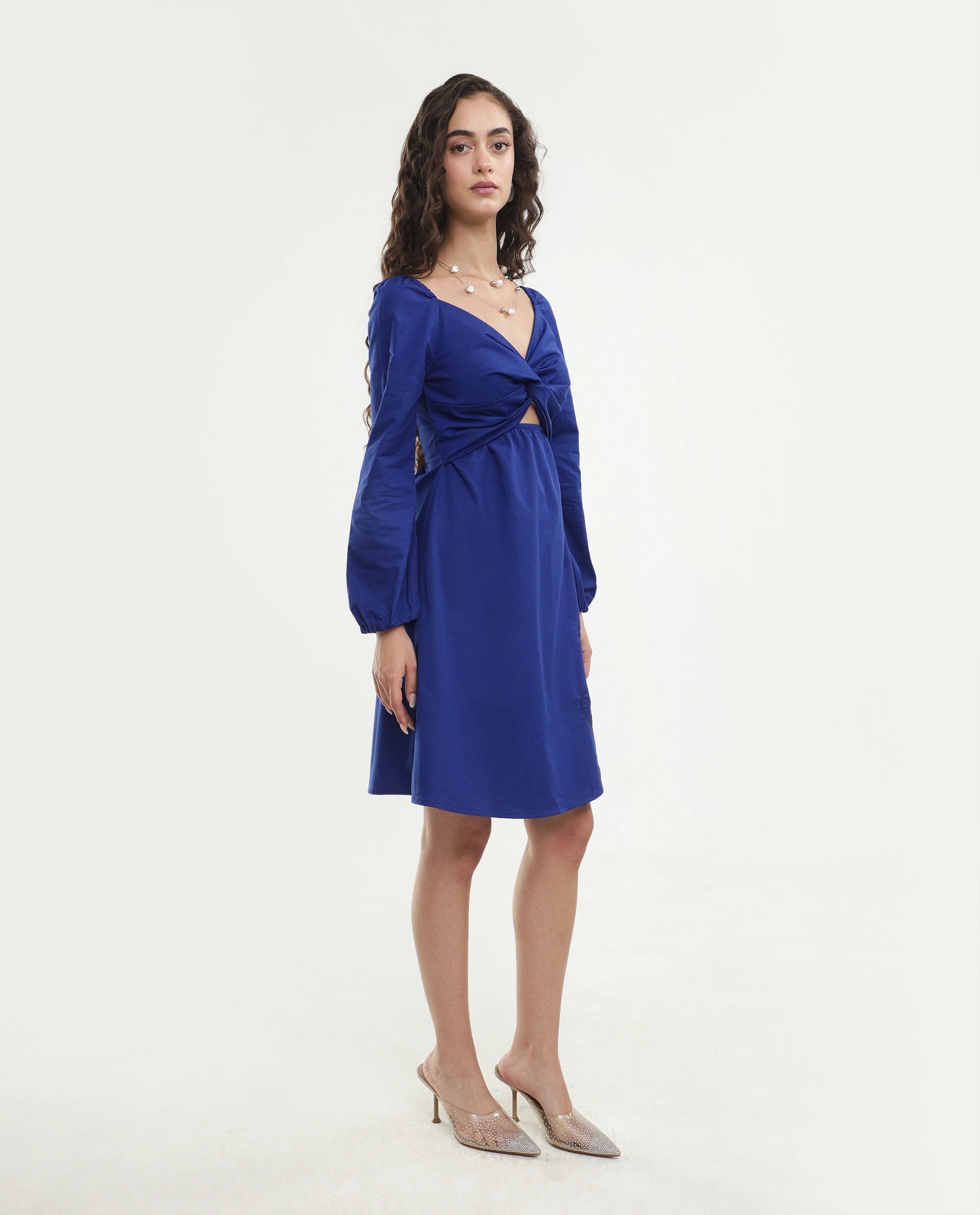 Rareism Women's Krite Navy Cotton Fabric V-Neck Fit And Flare Embroidered Dress
