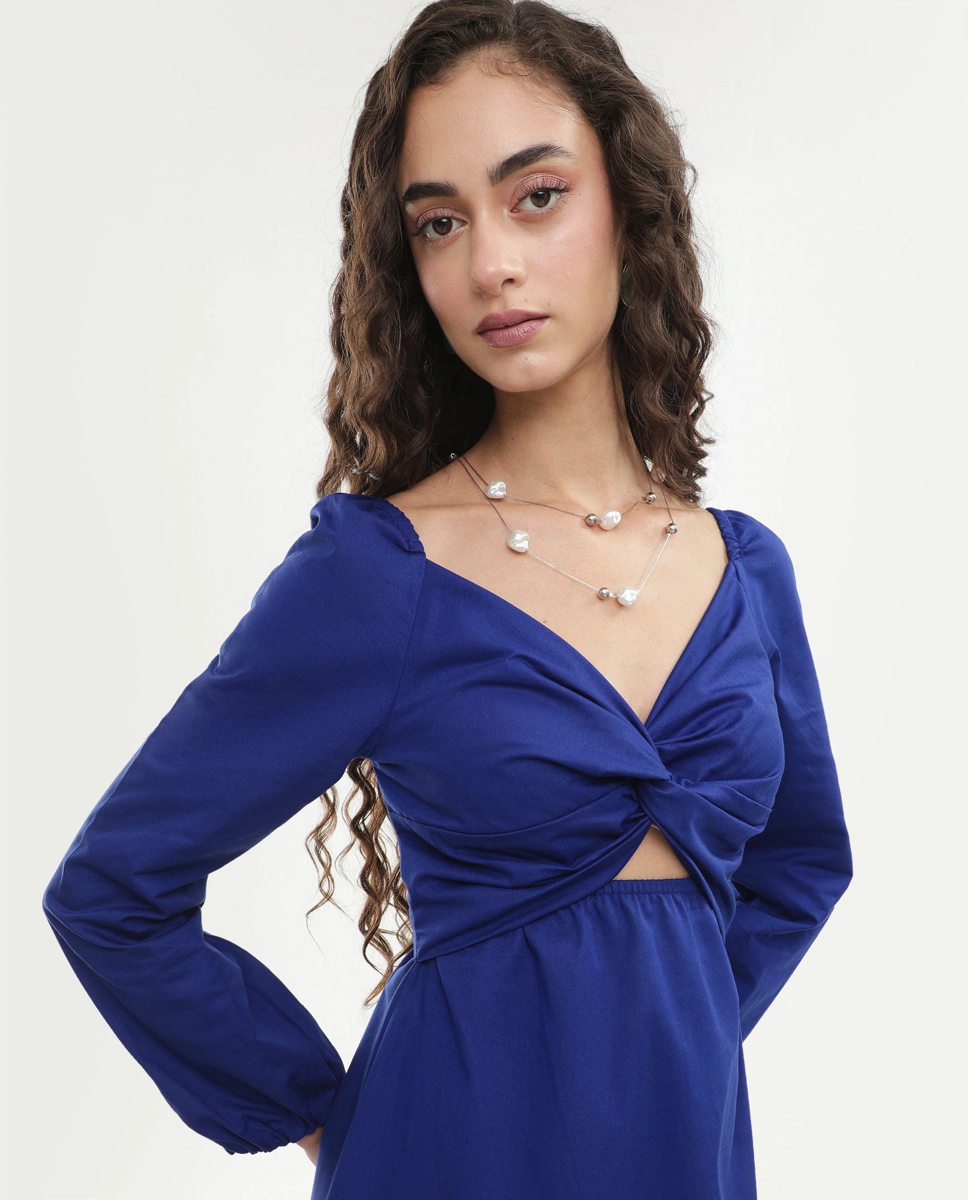 Rareism Women's Krite Navy Cotton Fabric V-Neck Fit And Flare Embroidered Dress