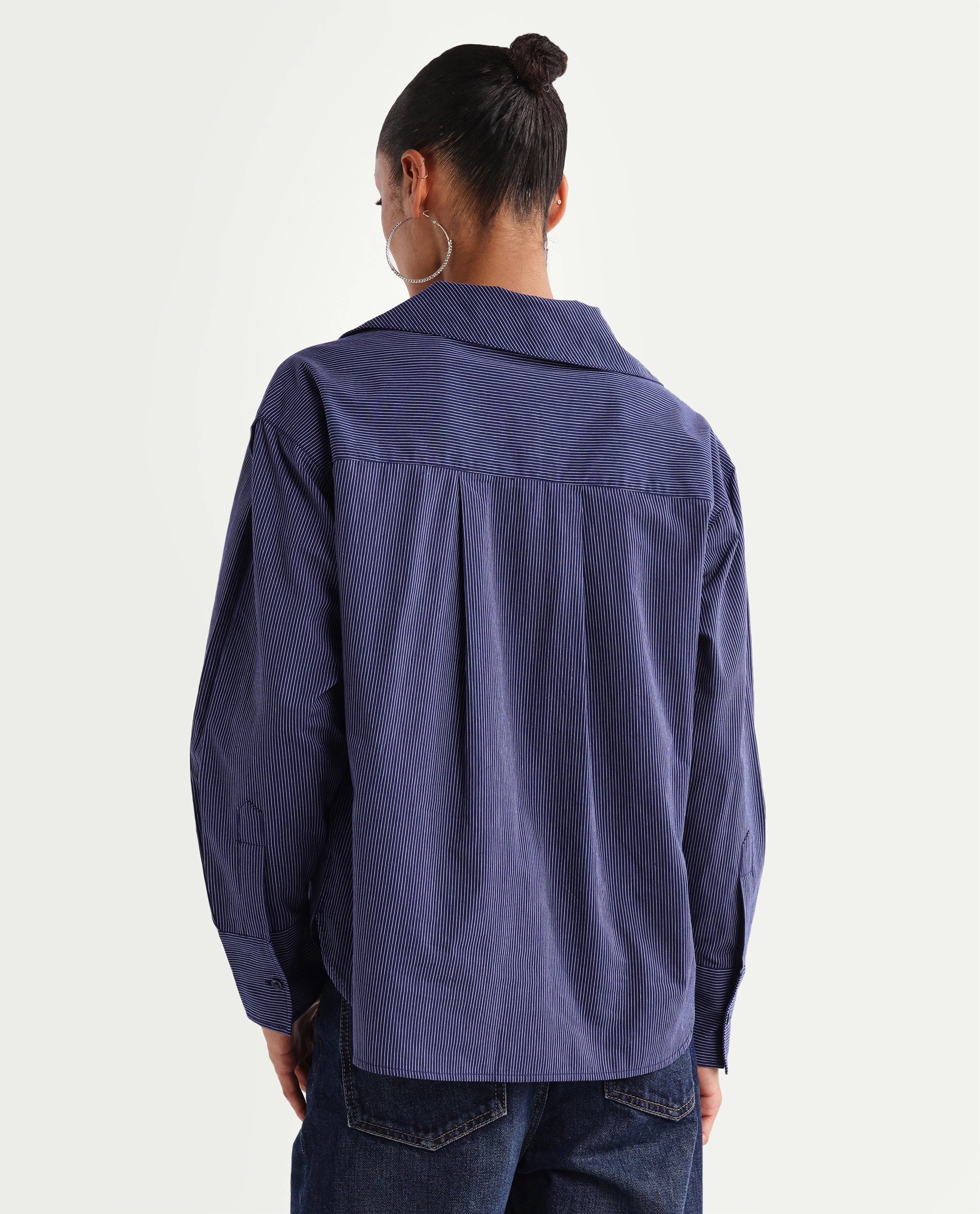 Rareism Women's Krome Blue Cotton Spread Collar Relaxed Striped Shirt