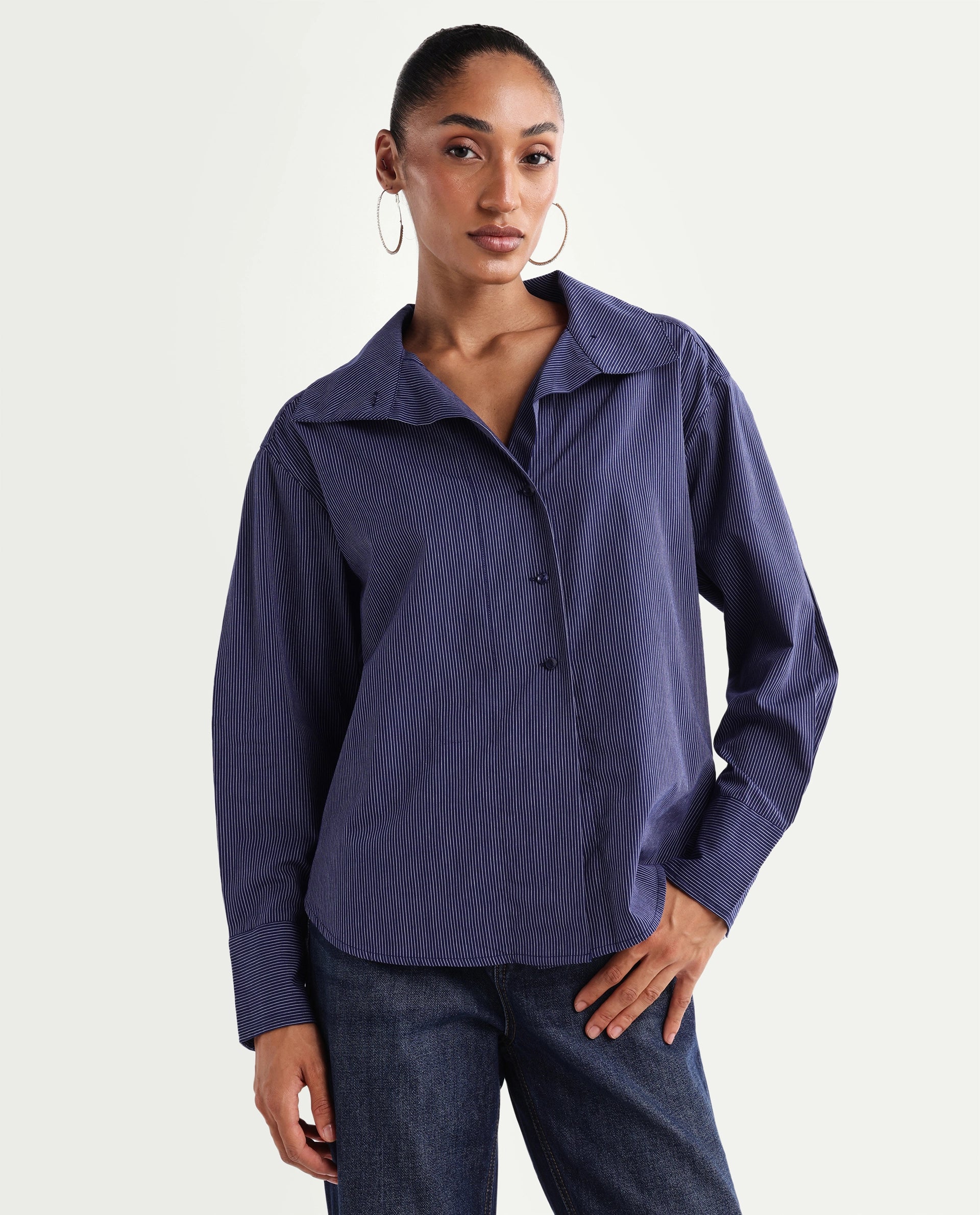 Rareism Women's Krome Blue Cotton Spread Collar Relaxed Striped Shirt