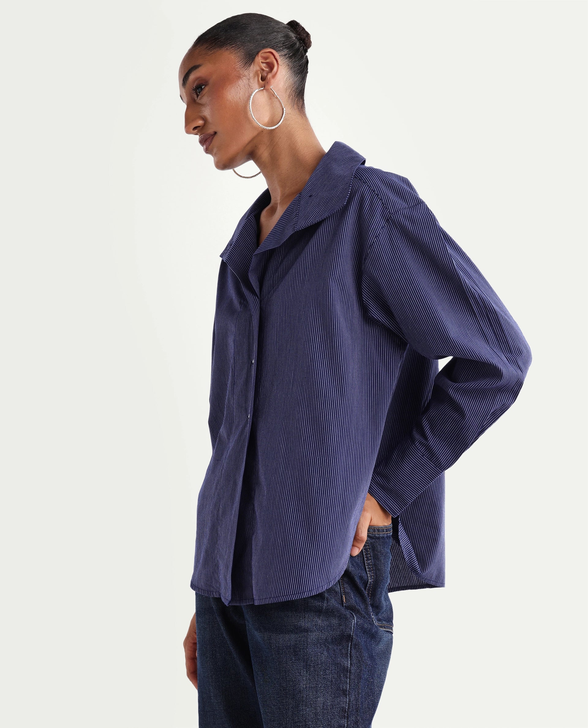 Rareism Women's Krome Blue Cotton Spread Collar Relaxed Striped Shirt