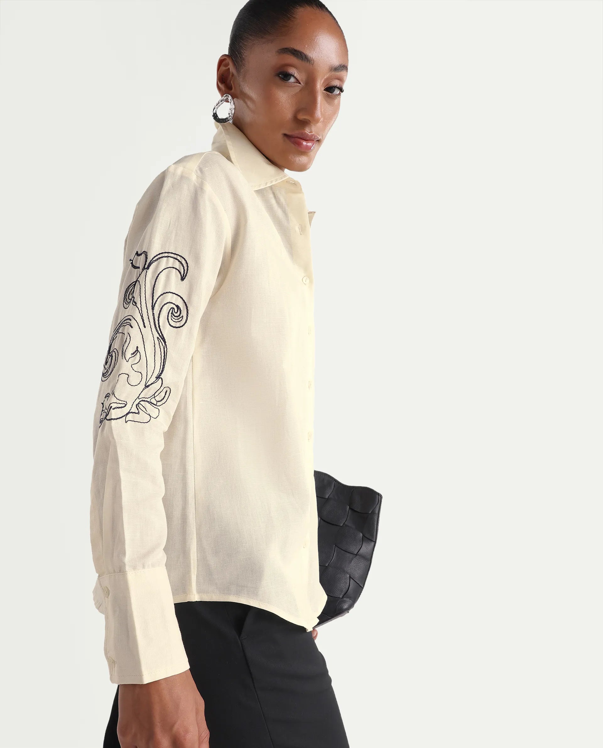 Rareism Women's Kruz Light Beige Linen Spread Collar Relaxed Embroidered Shirt