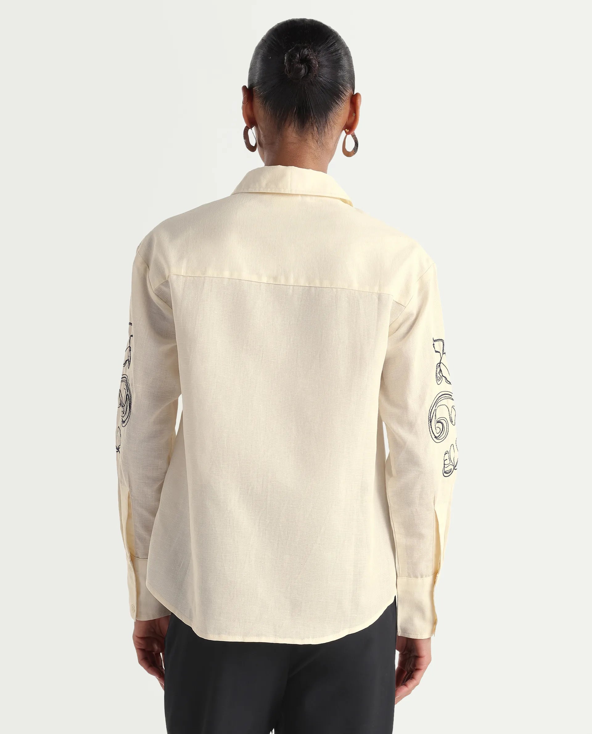Rareism Women's Kruz Light Beige Linen Spread Collar Relaxed Embroidered Shirt