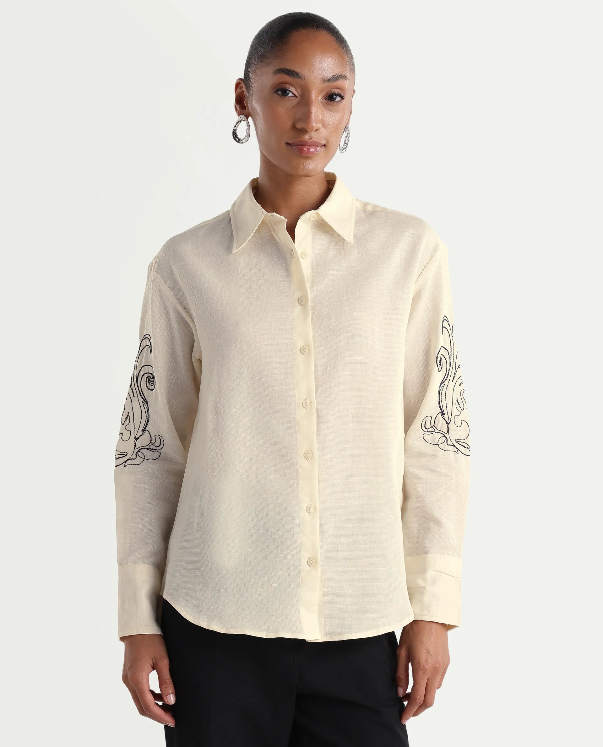 Rareism Women's Kruz Light Beige Linen Spread Collar Relaxed Embroidered Shirt