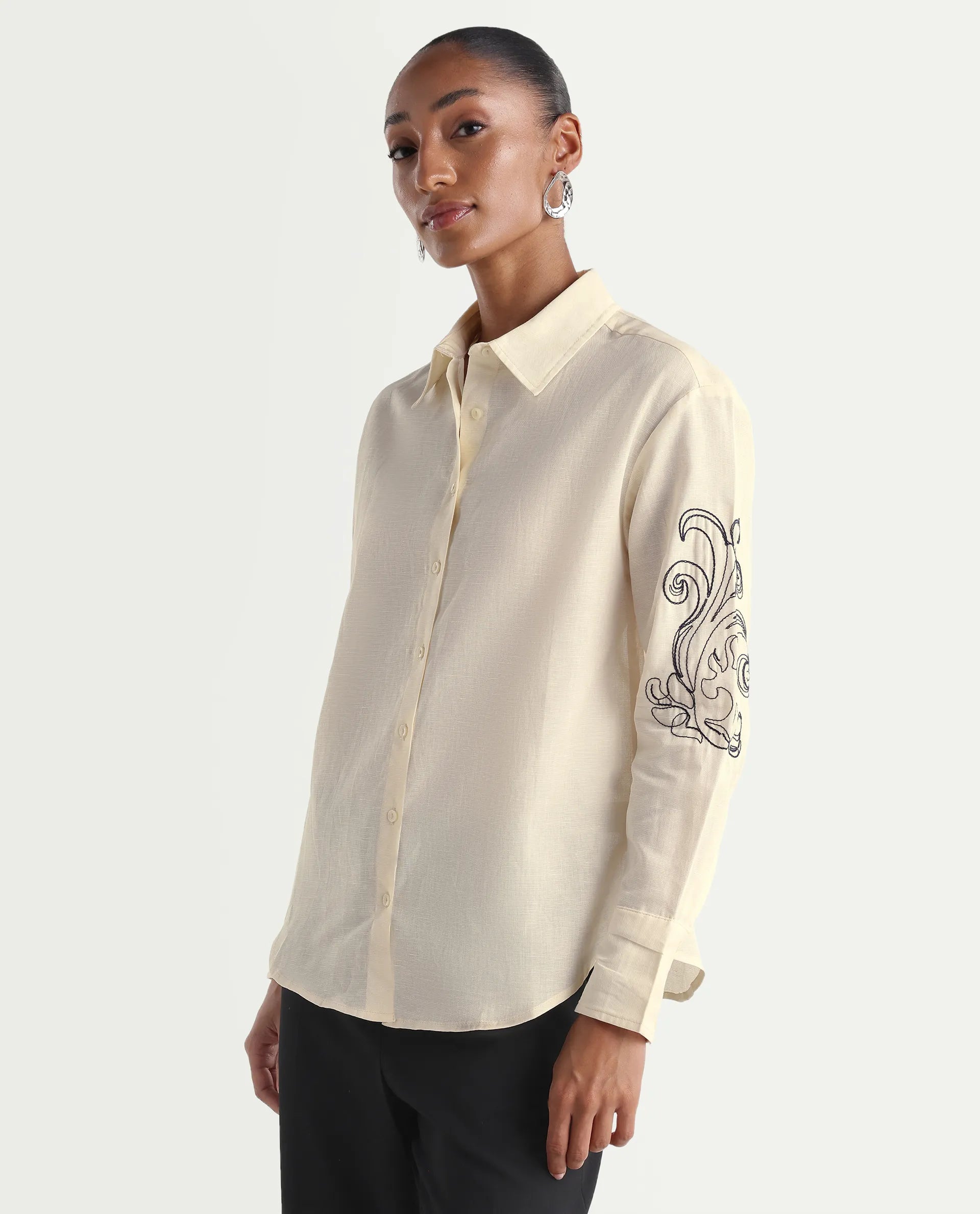 Rareism Women's Kruz Light Beige Linen Spread Collar Relaxed Embroidered Shirt