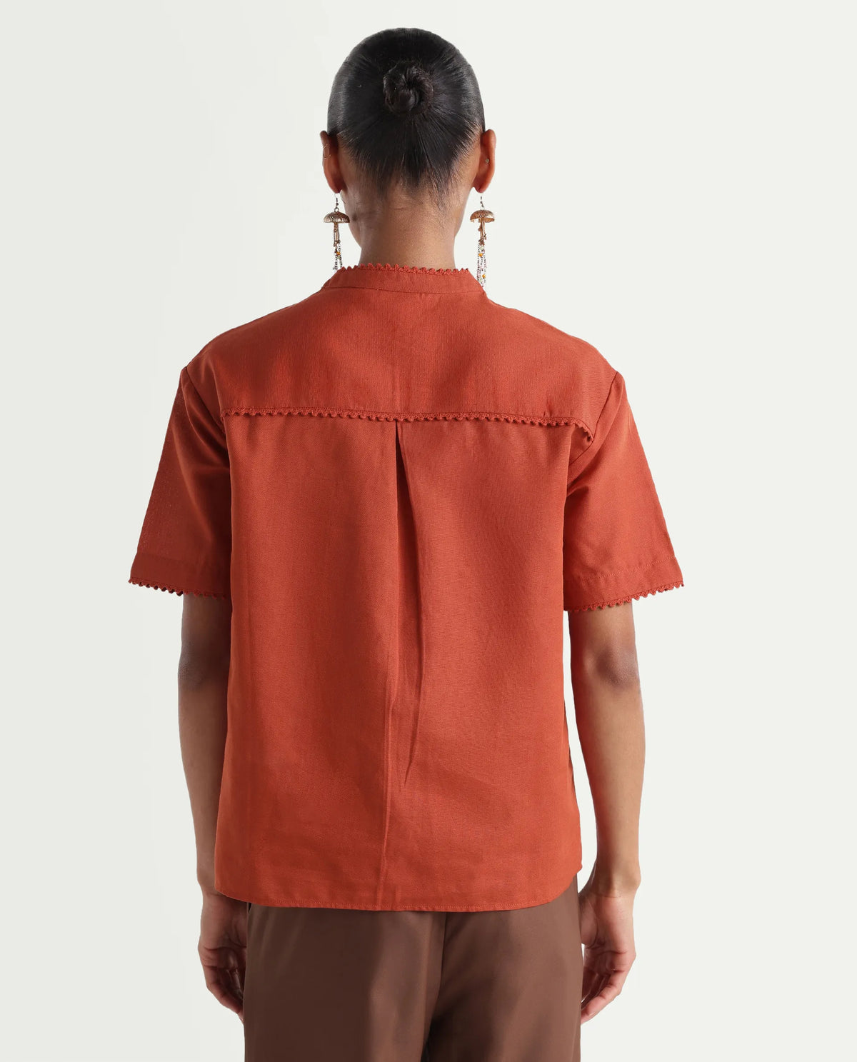 Rareism Women's Mony Rust Linen Half Sleeve Mandarin Collar Regular Top