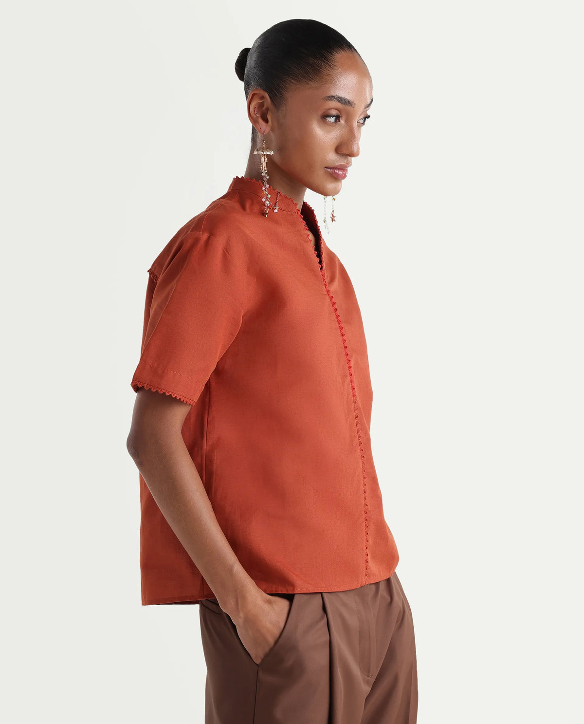 Rareism Women's Mony Rust Linen Half Sleeve Mandarin Collar Regular Top