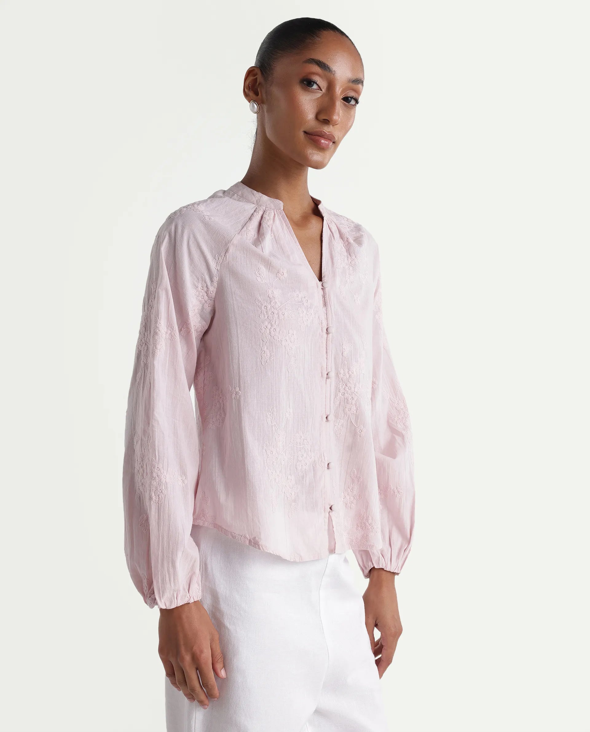 Rareism Women's Nurro Pastel Pink Cotton Band Collar Regular Embroidered Top