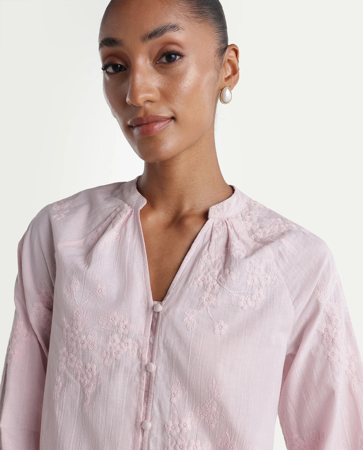 Rareism Women's Nurro Pastel Pink Cotton Band Collar Regular Embroidered Top