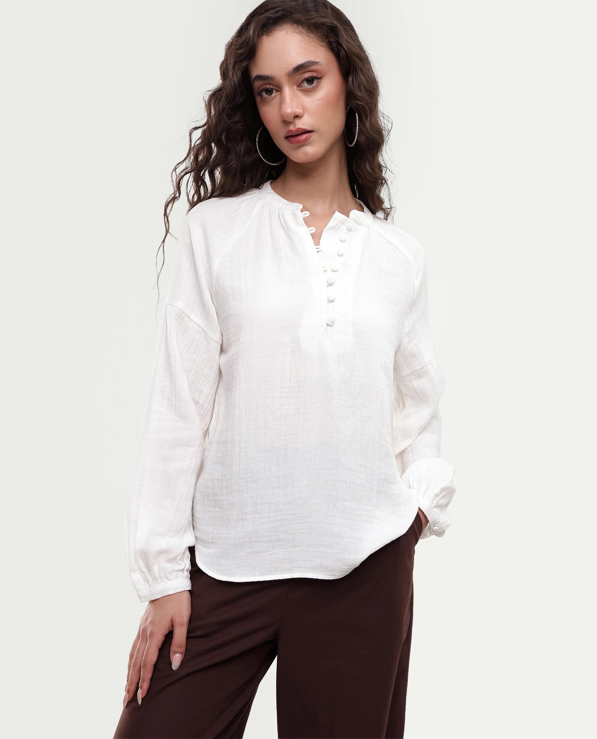 Rareism Women's Rudin White Cotton Band Collar Relaxed Plain Top