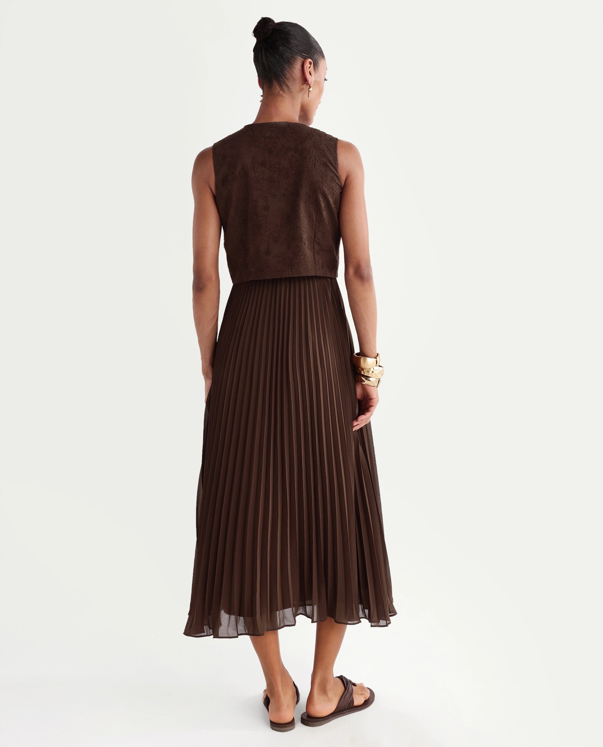 Rareism Women's Rudro Brown Self Design Cotton Blend Flared Sleeveless Dress
